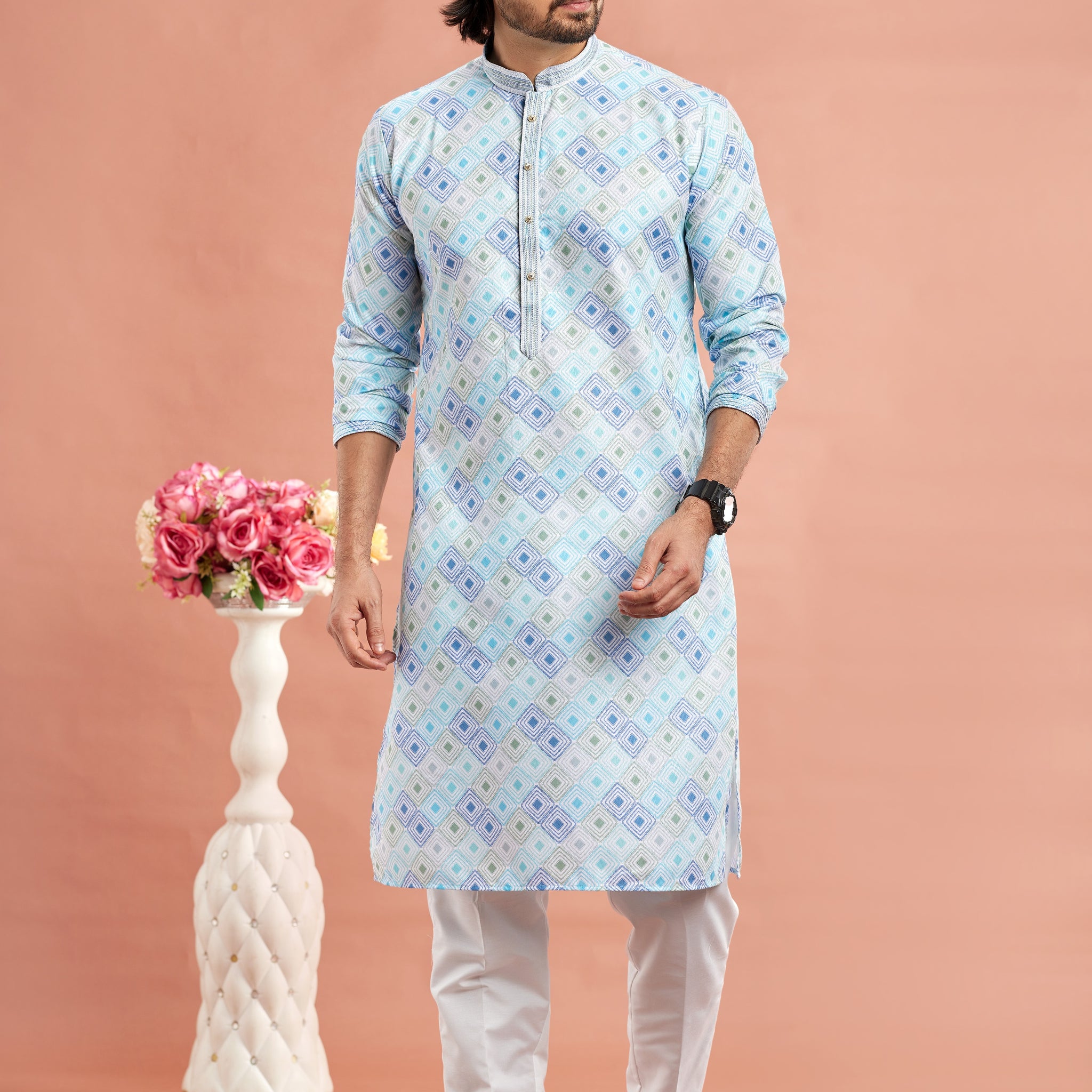 Sky blue printed kurta pajama for men

