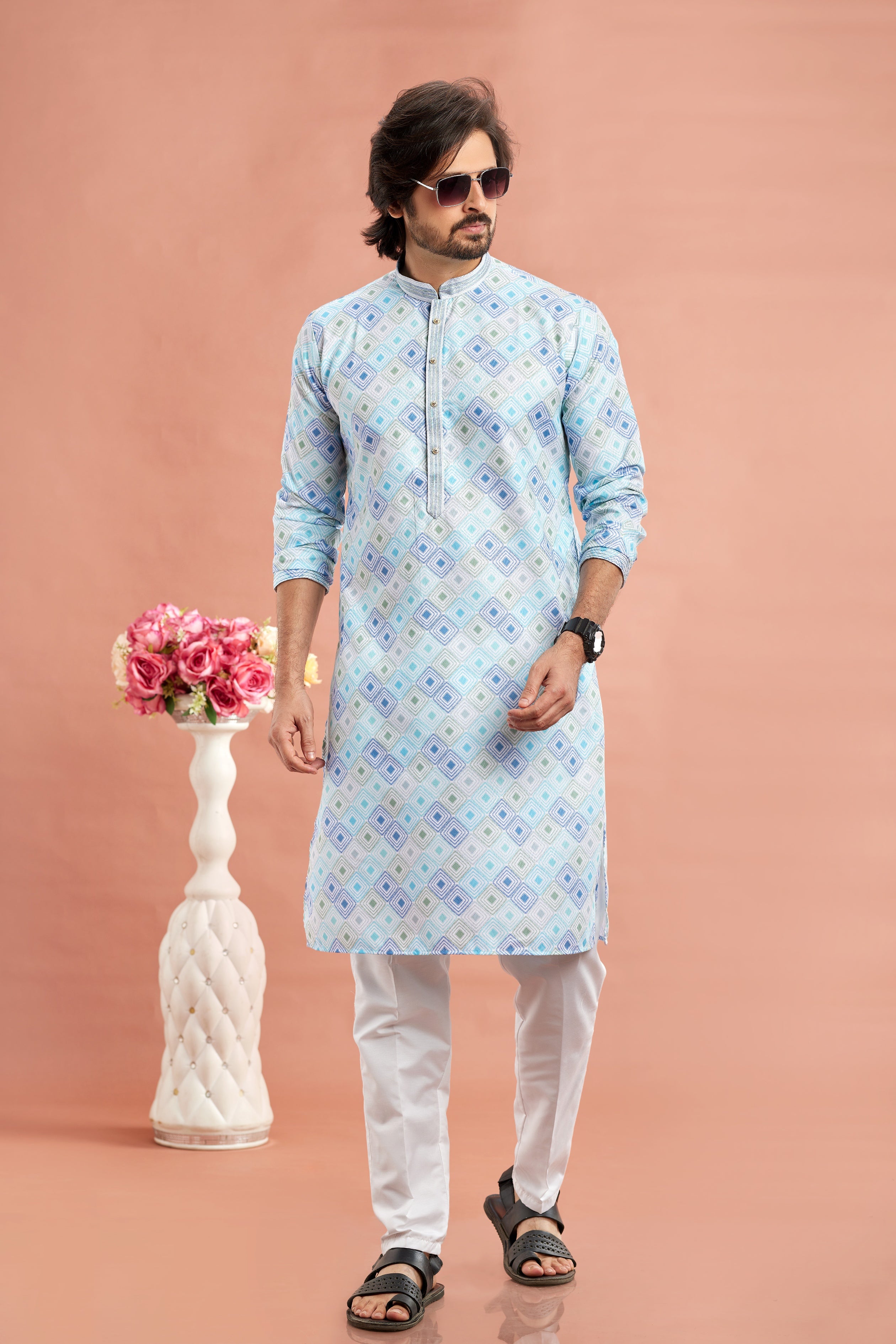 Sky blue printed kurta pajama for men

