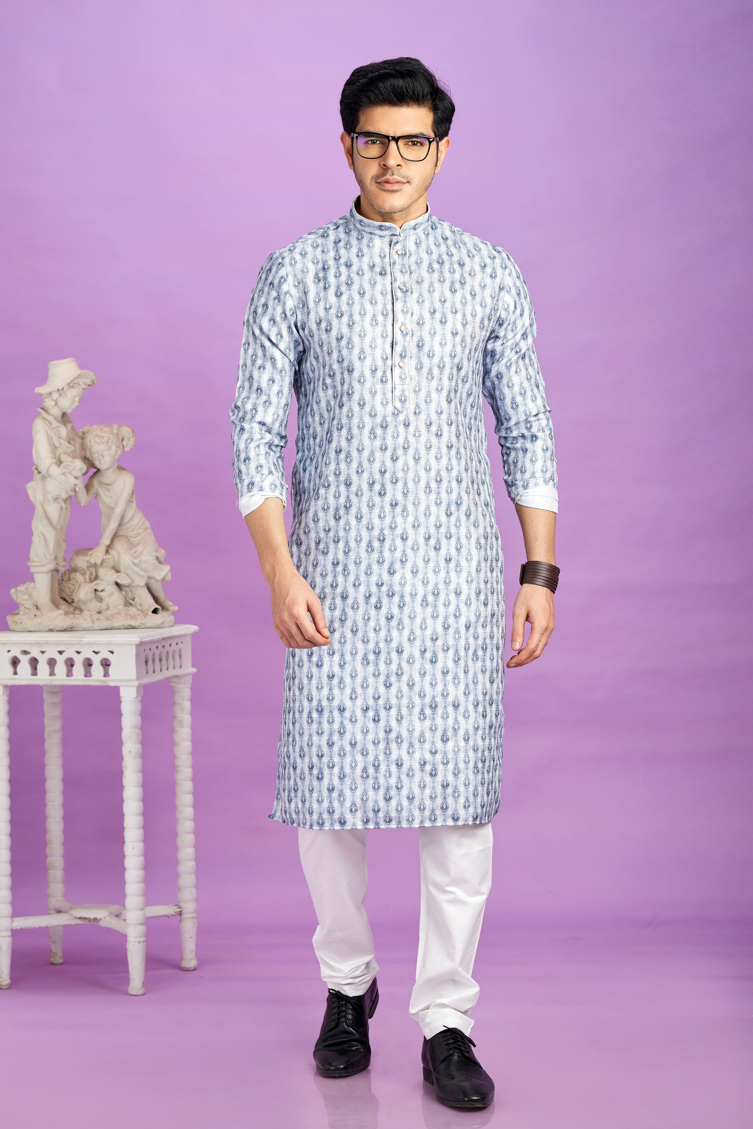 Sky blue semi cotton kurta pajama

