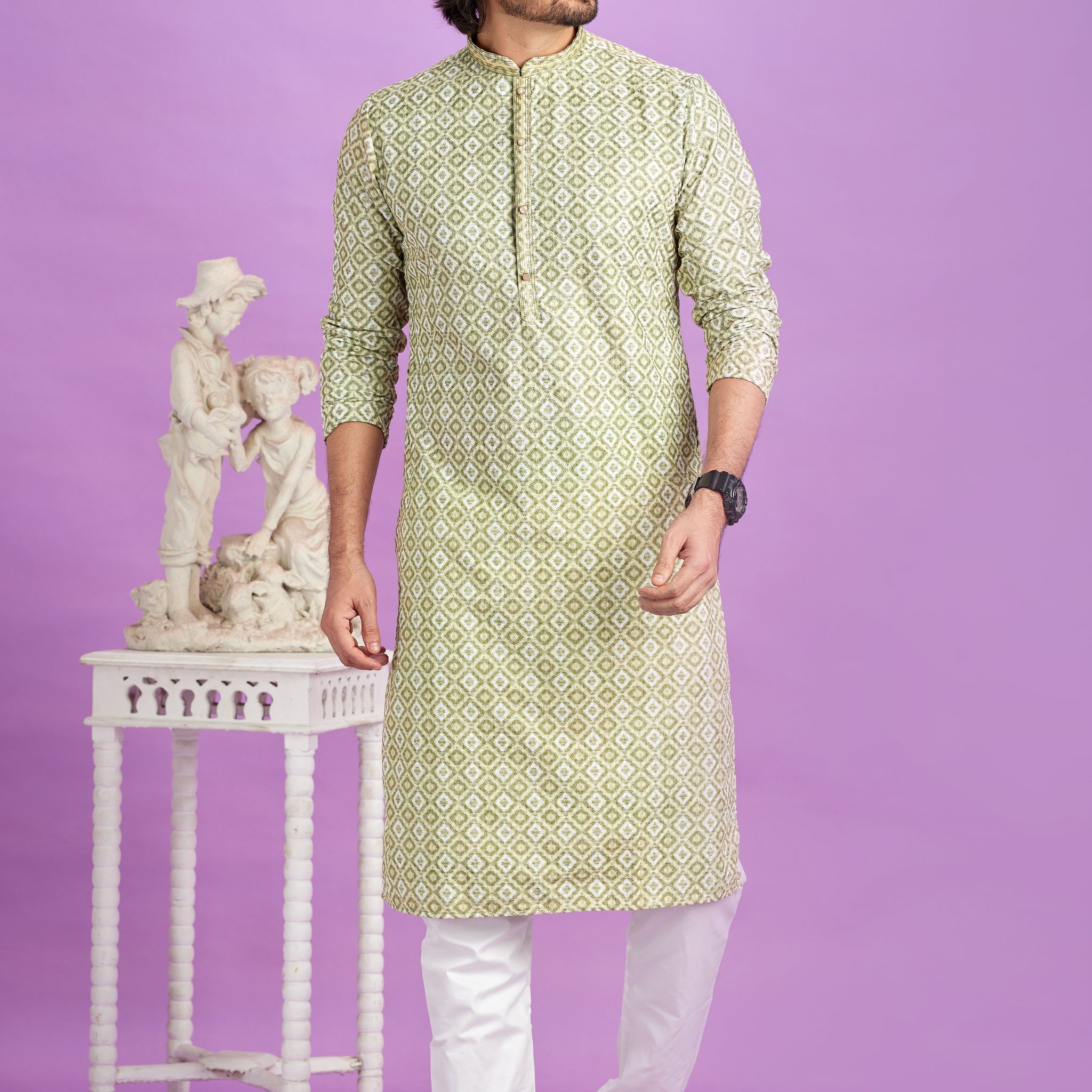 Olive green printed kurta pajama

