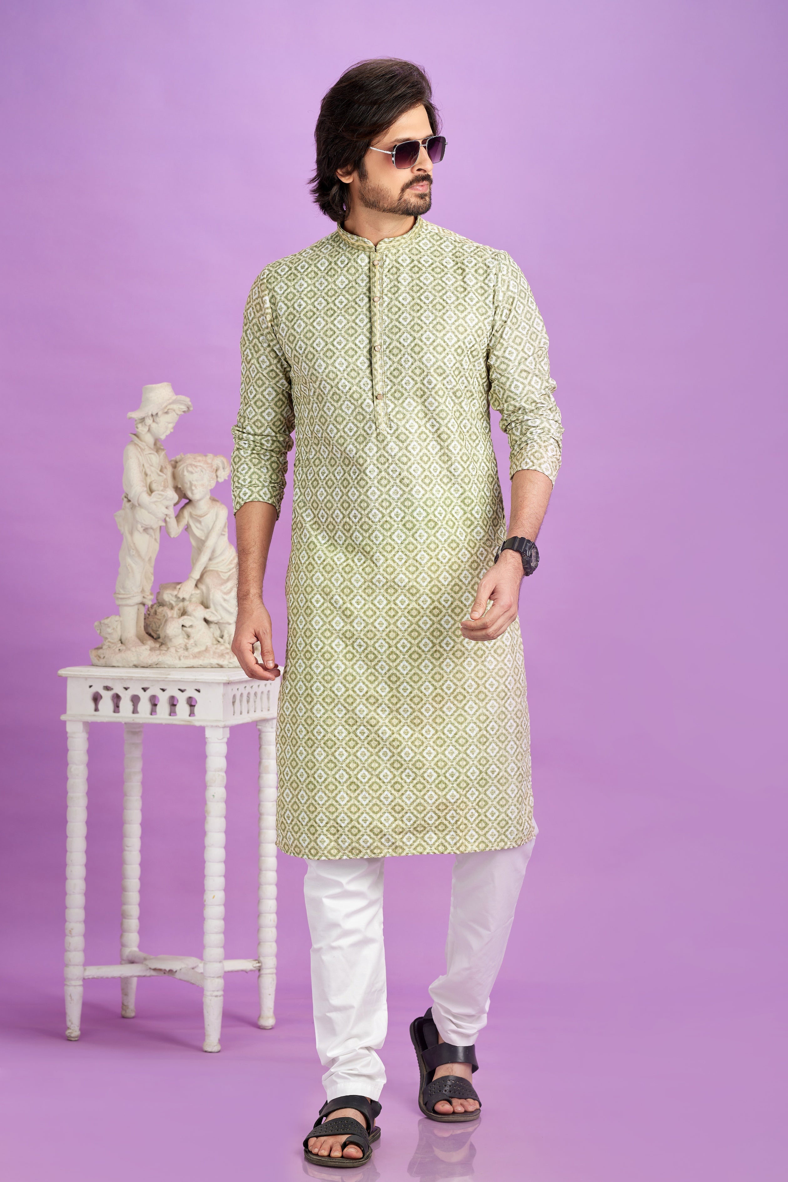 Olive green printed kurta pajama

