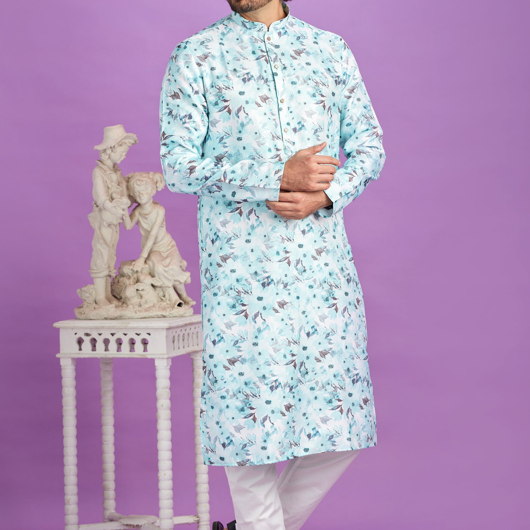 Aqua blue floral print kurta pajama

