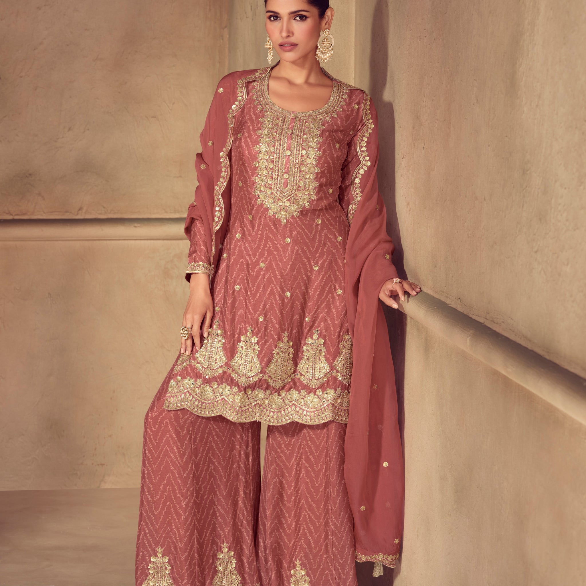 Maroon Chinon embroidered sharara suit for women

