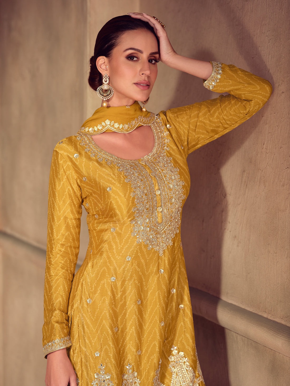 Mustard yellow chinon embroidered sharara suit

