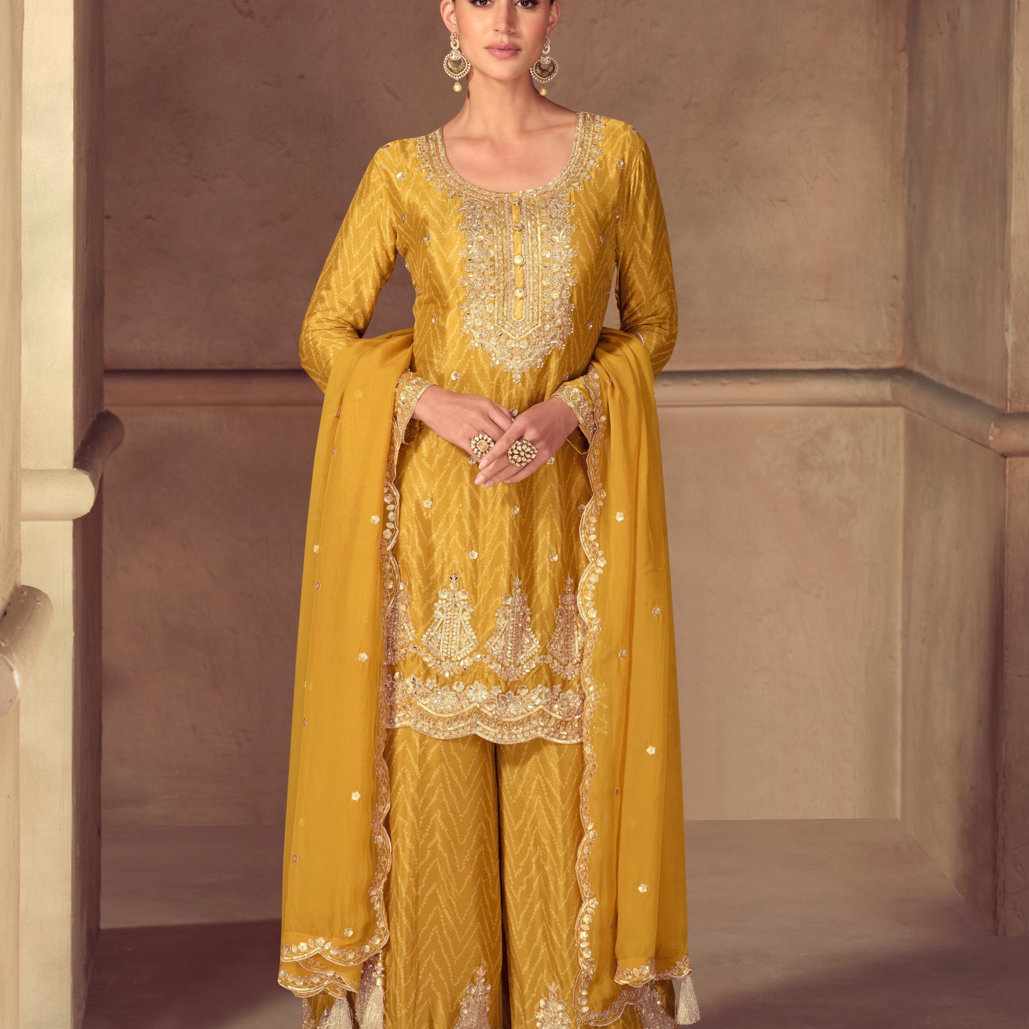 Mustard yellow chinon embroidered sharara suit


