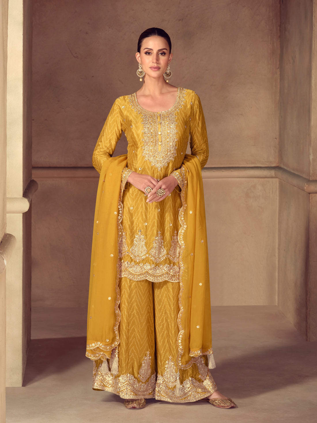 Mustard yellow chinon embroidered sharara suit

