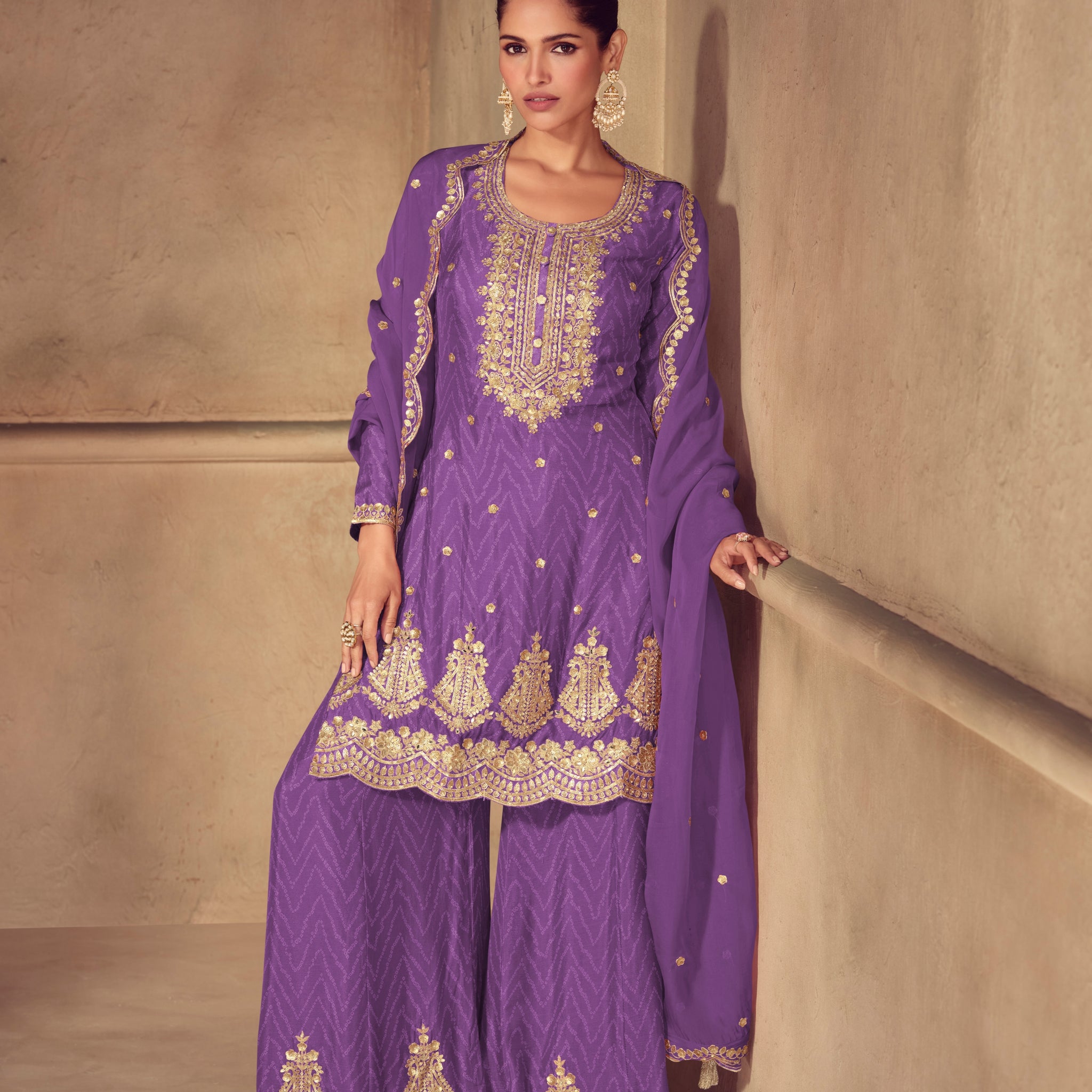 Purple real chinon embroidered sharara suit

