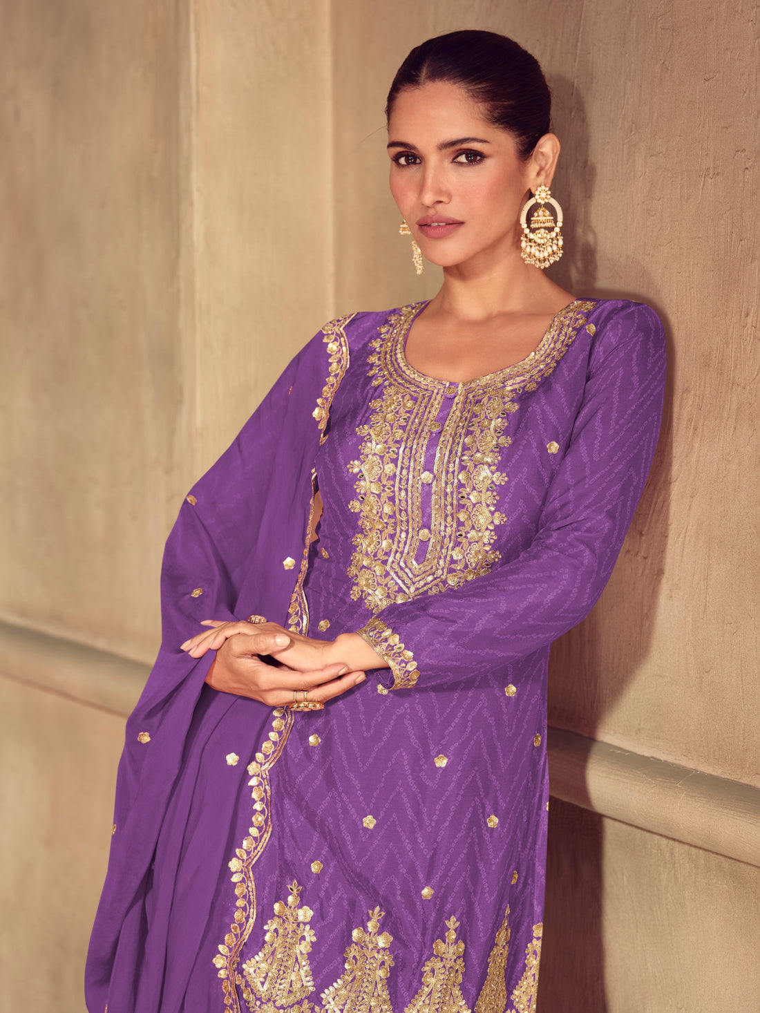 Purple real chinon embroidered sharara suit

