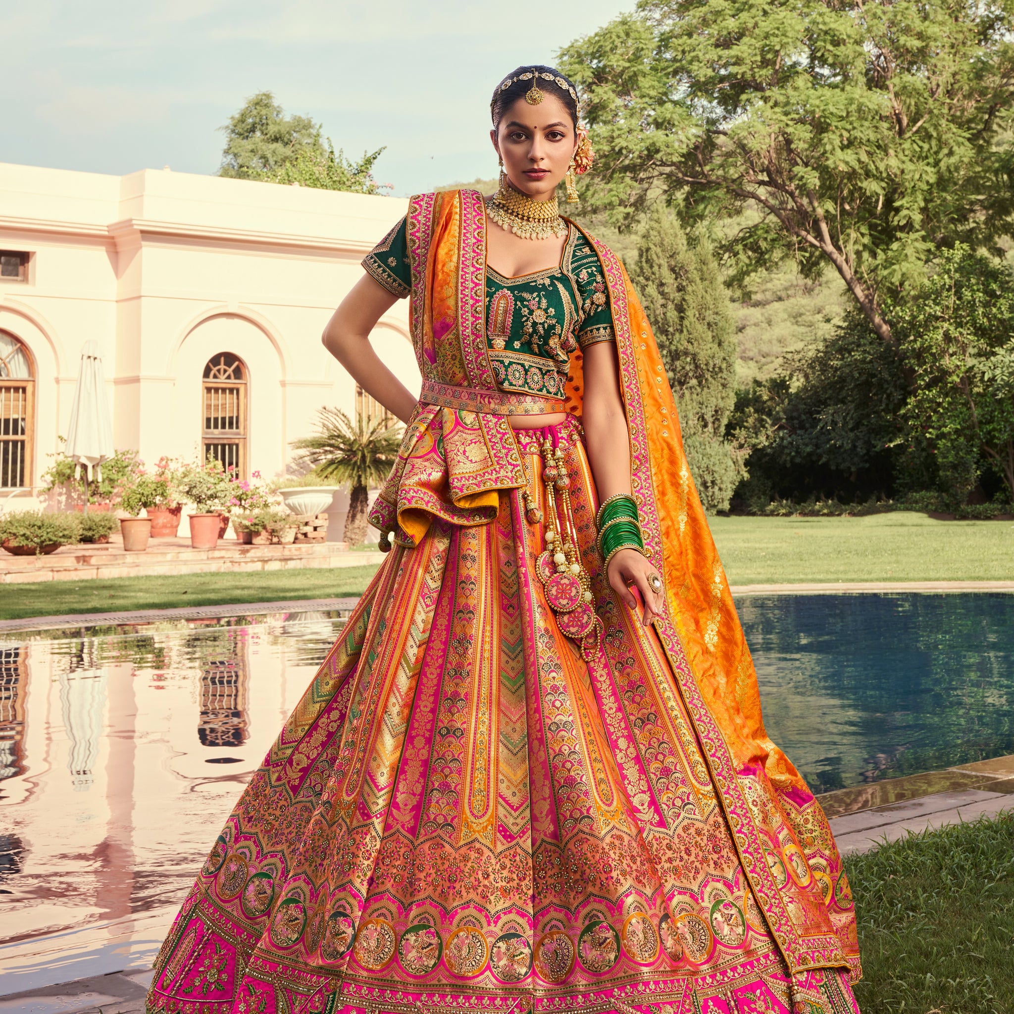 Green and orange Banarasi lehenga choli

