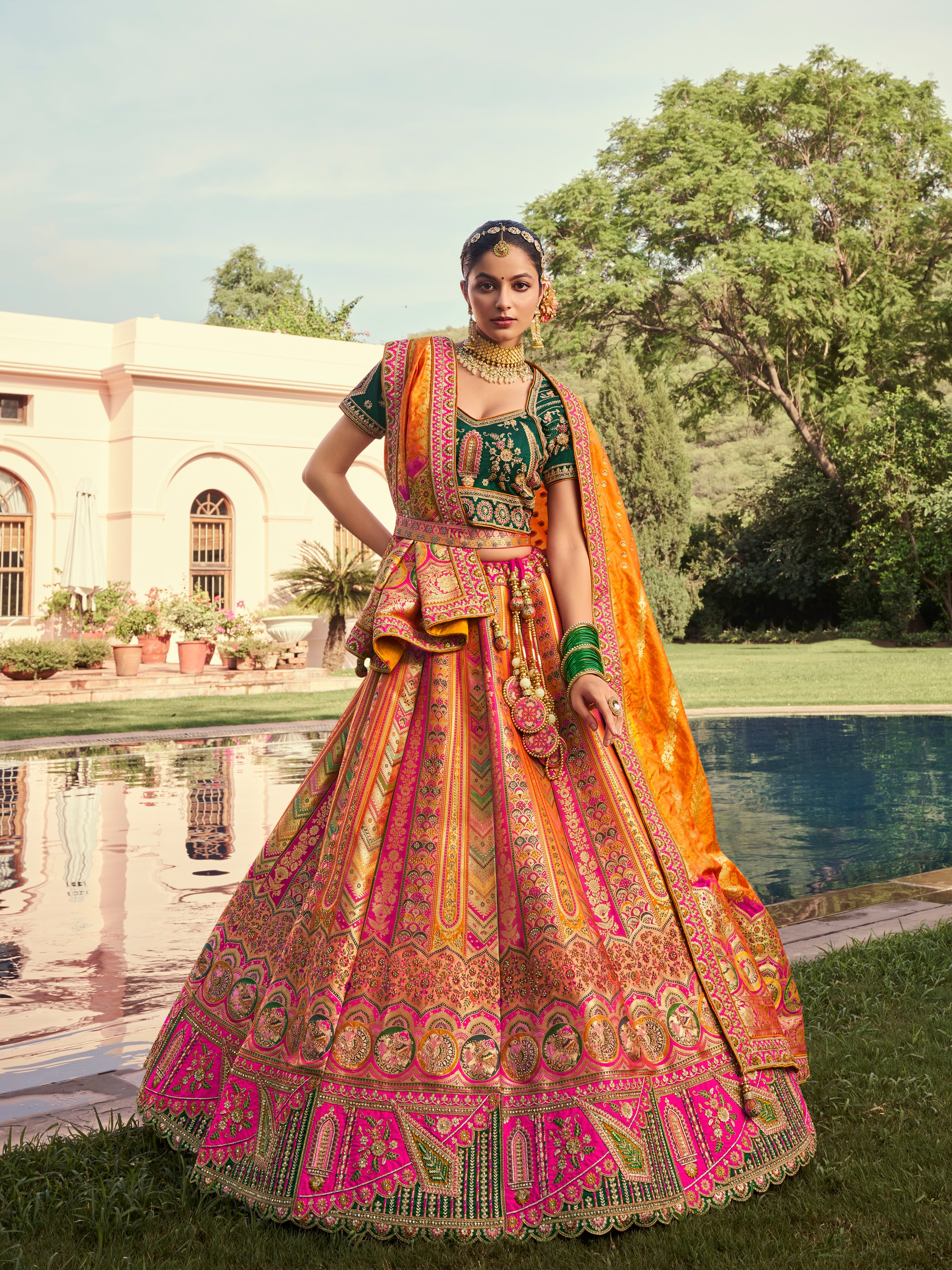 Green and orange Banarasi lehenga choli

