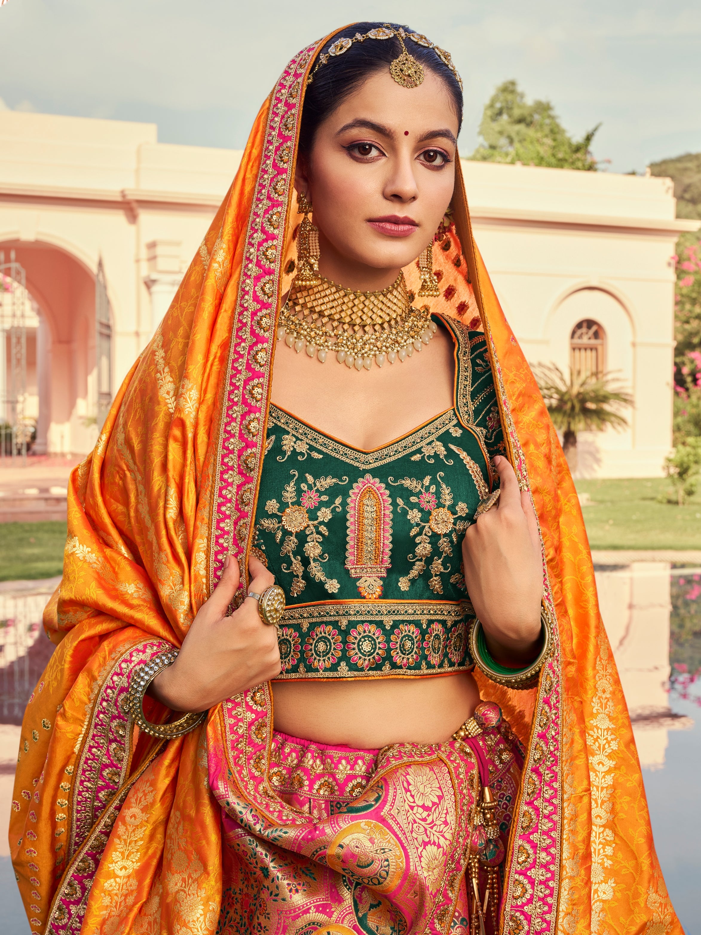 Multicolor Banarasi lehenga with embroidery


