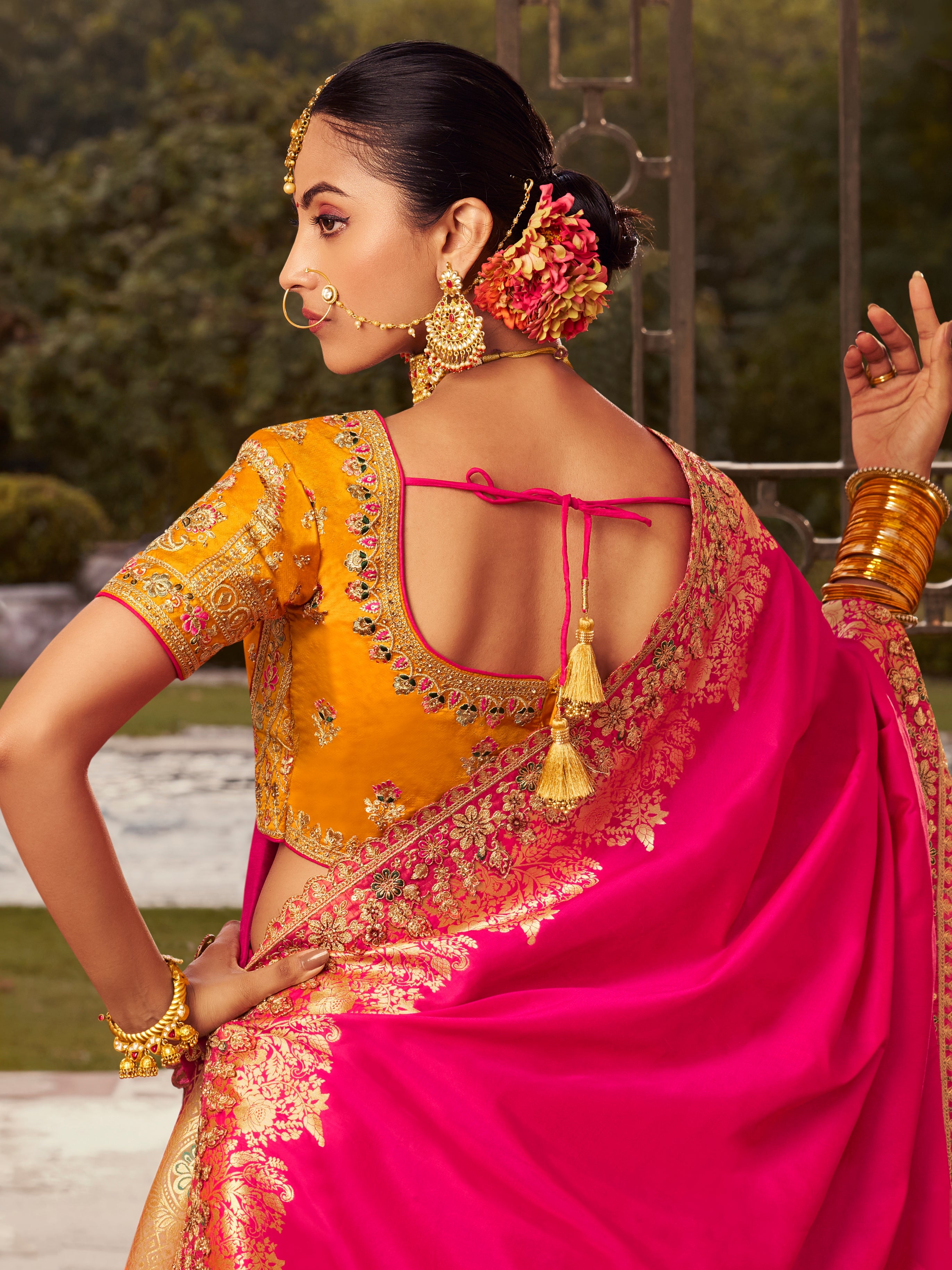 Elegant gold embroidered banarasi lehenga choli

