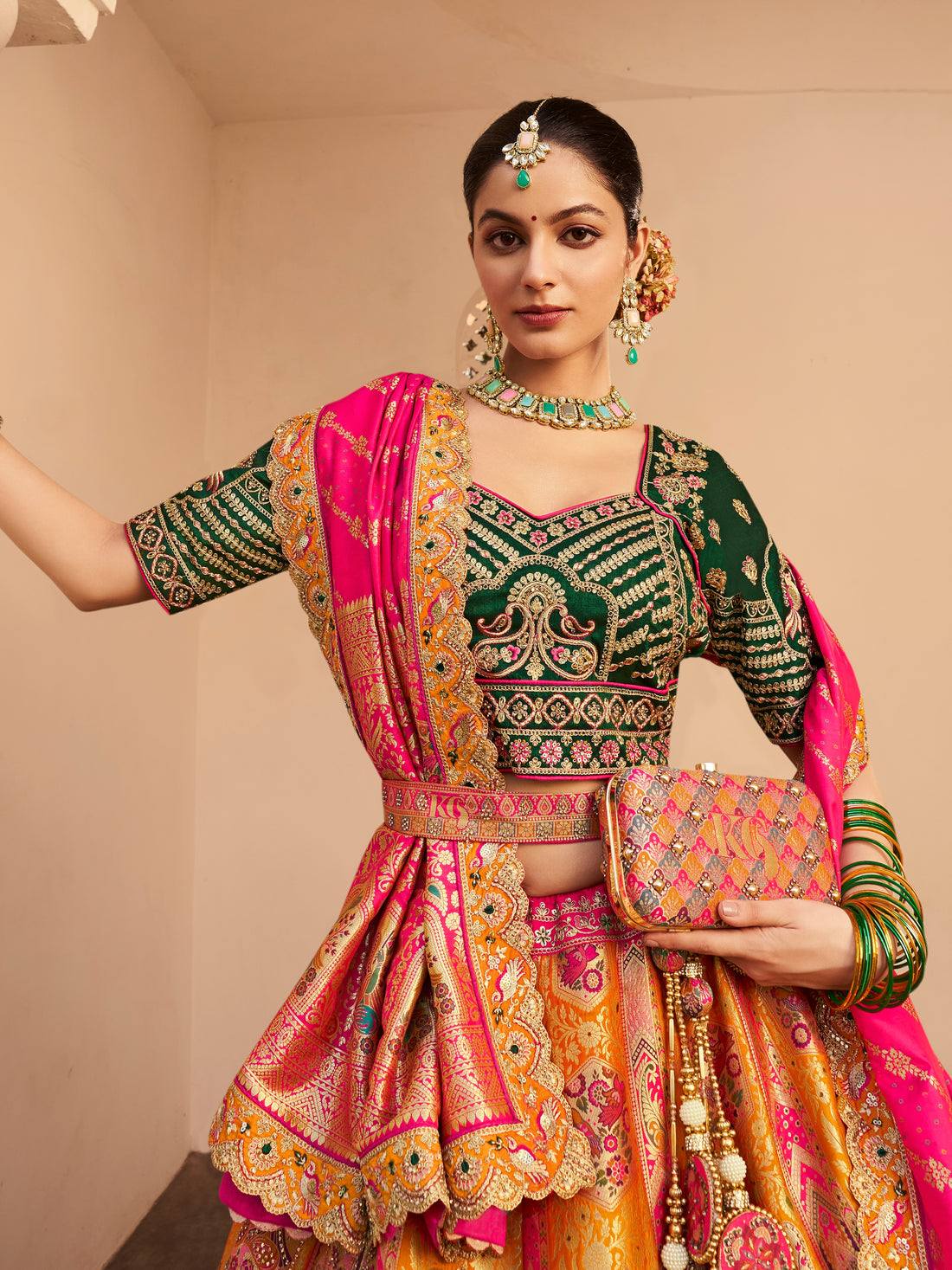 Mustard yellow Banarasi lehenga with green blouse

