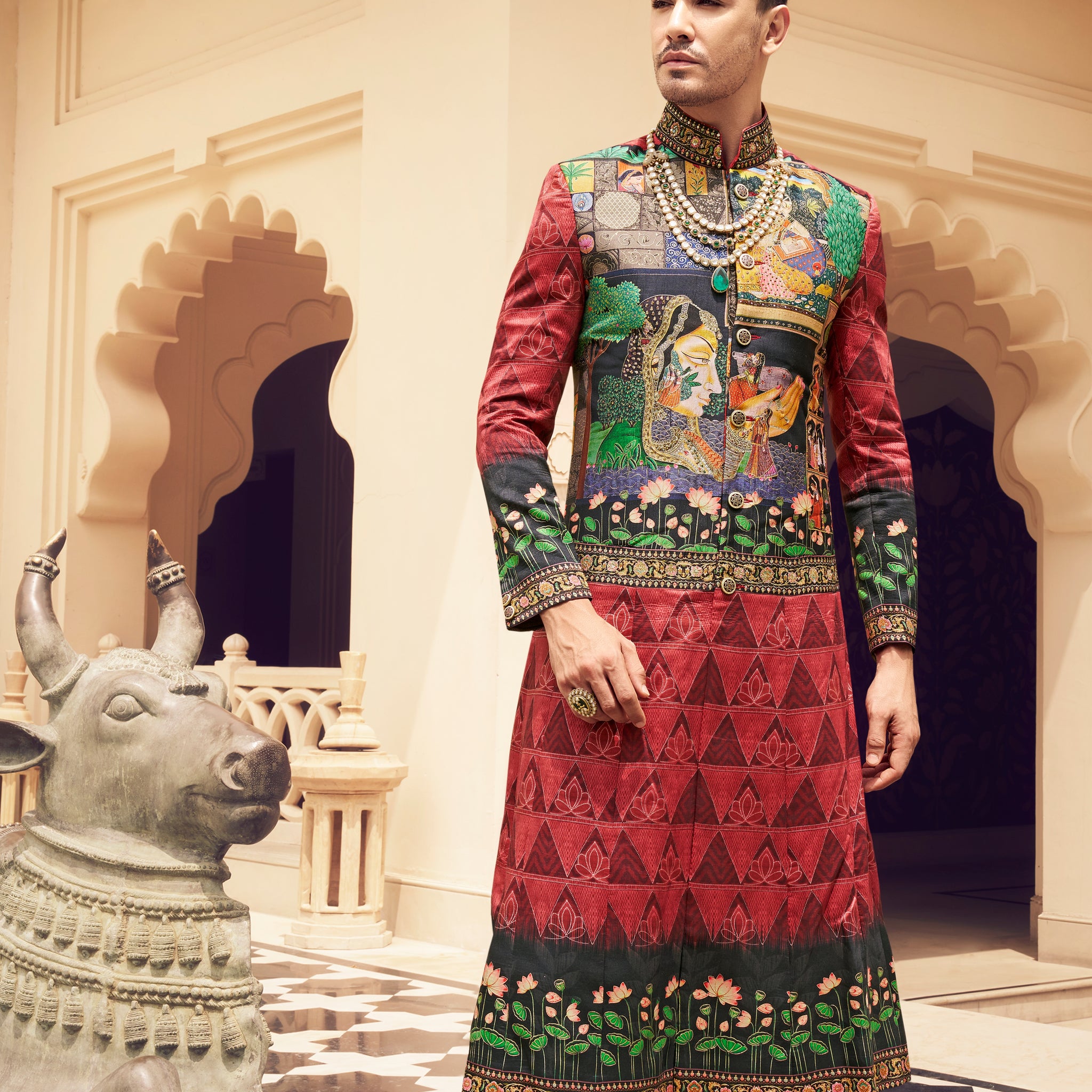 Red wedding kurta set for men

