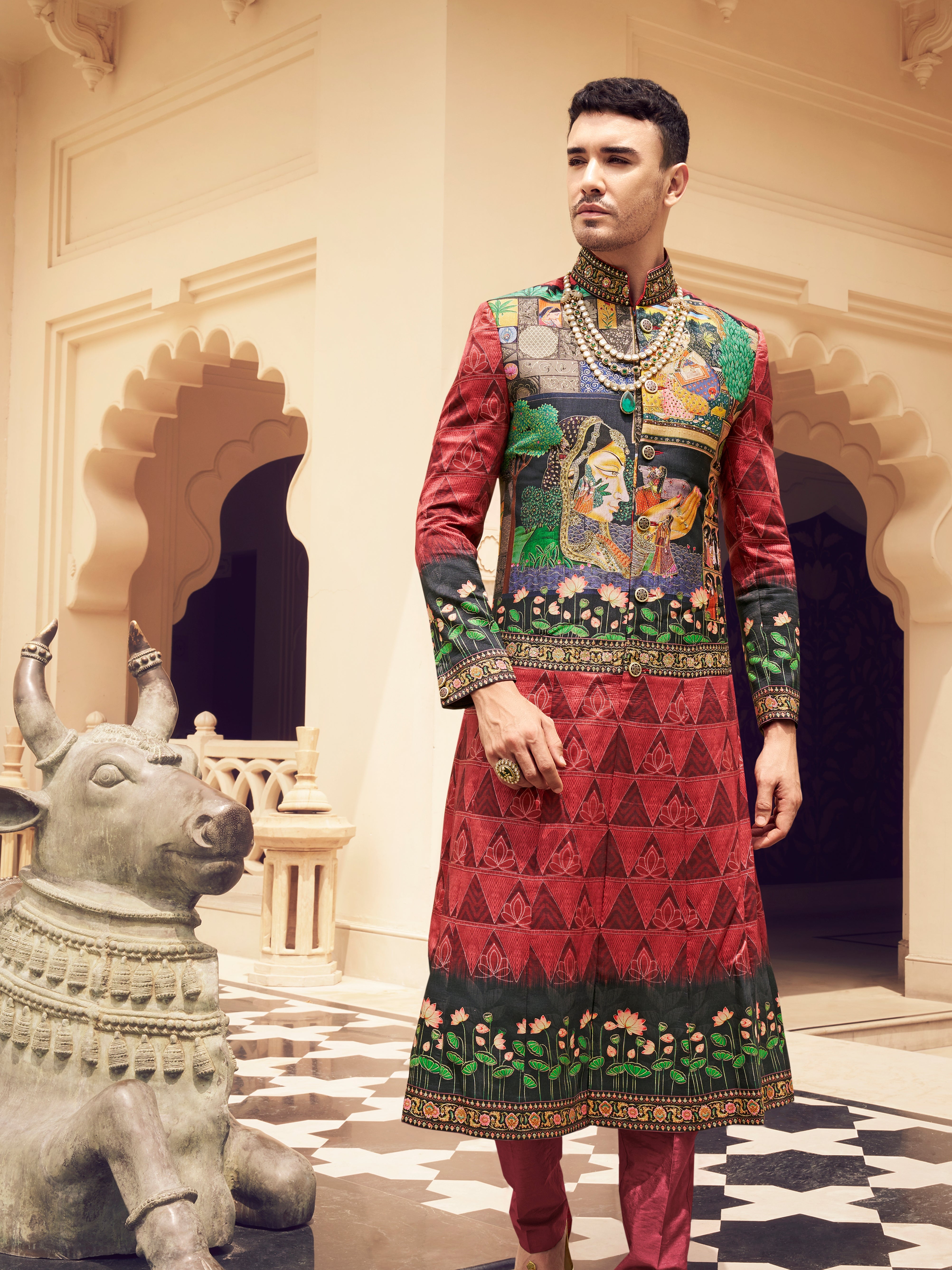 Red wedding kurta set for men

