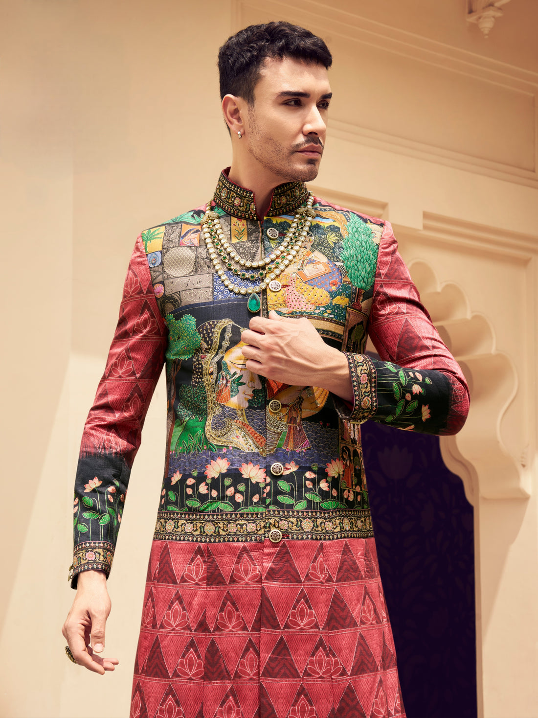 Red wedding kurta set for men

