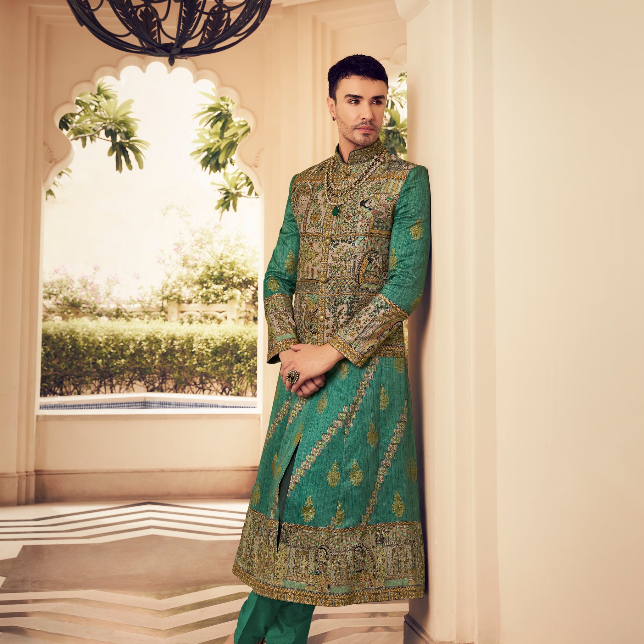 Green silk kurta pajama for men

