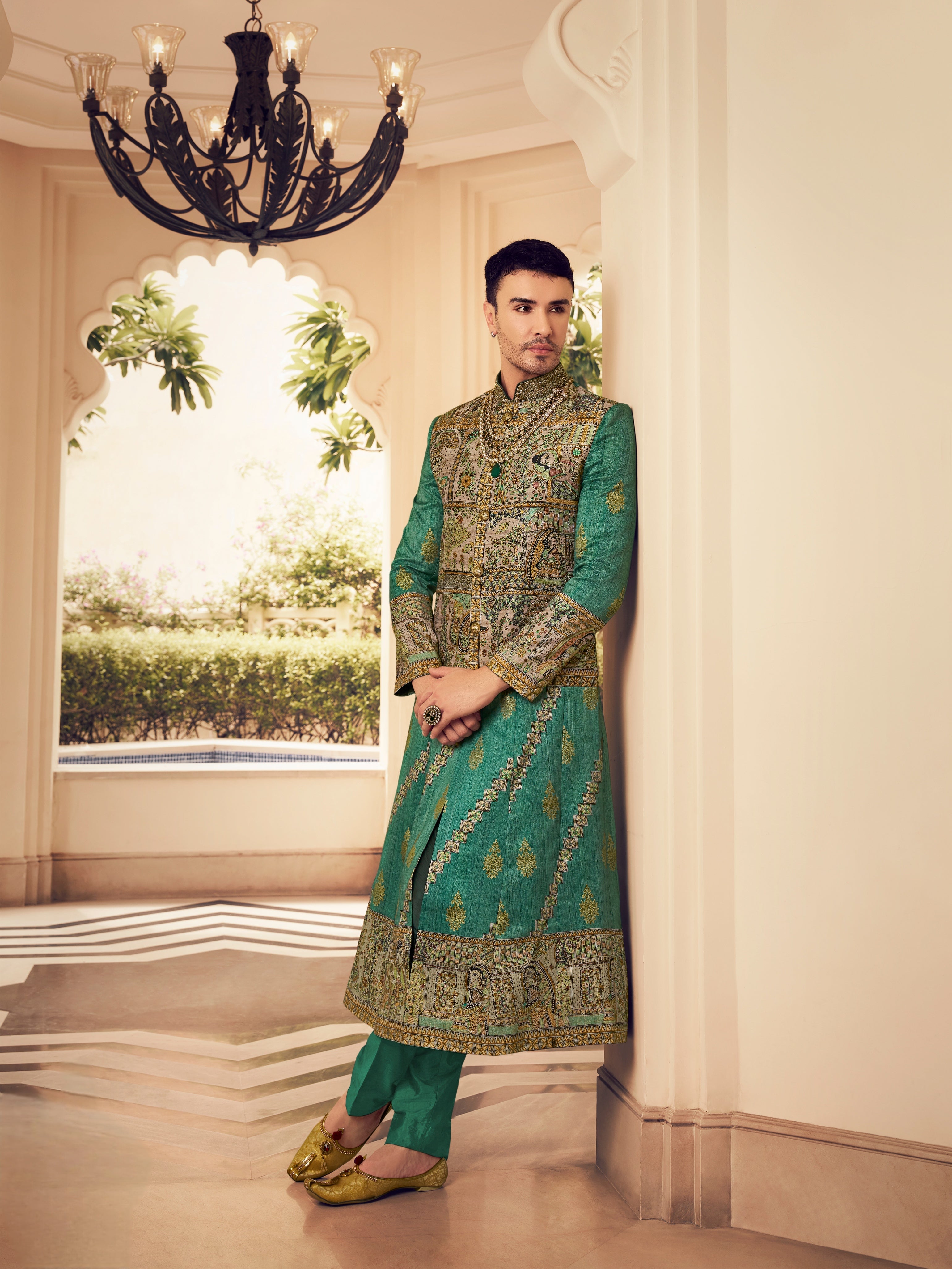 Green silk kurta pajama for men

