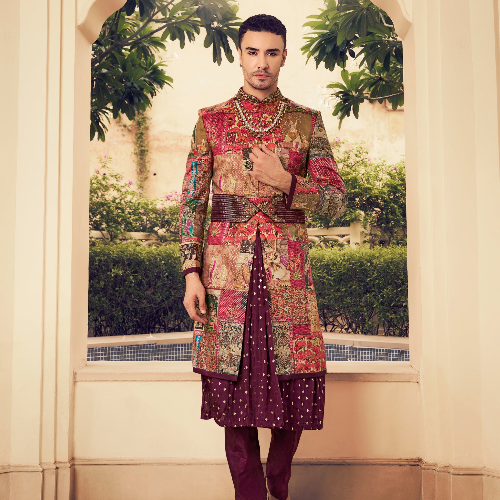 Maroon kurta set with jacket for groom

