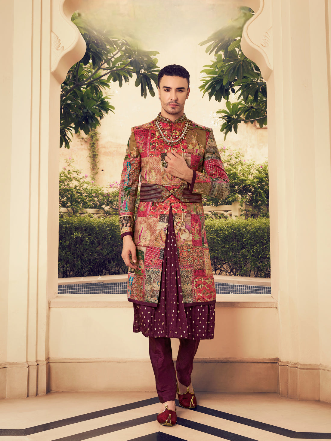 Maroon kurta set with jacket for groom

