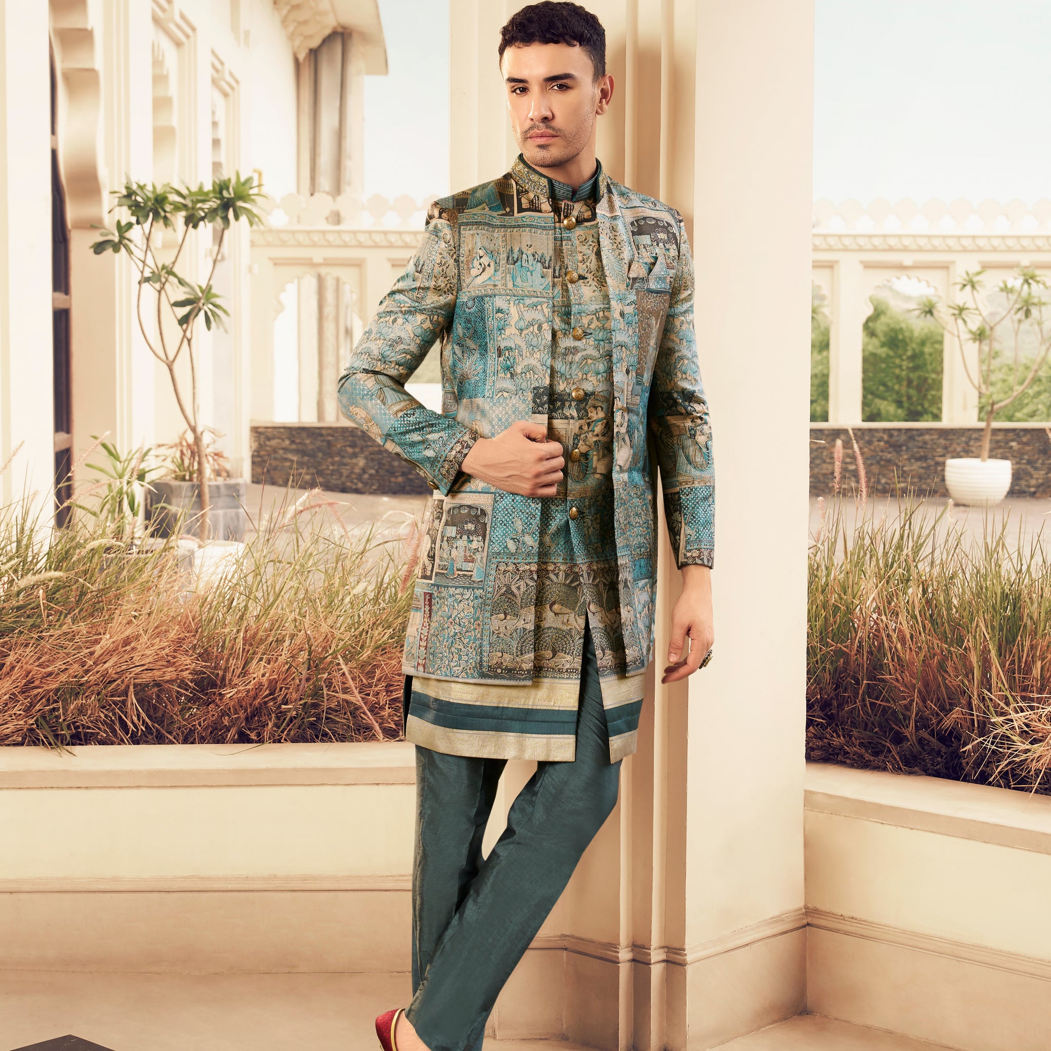 Aqua blue wedding kurta for men

