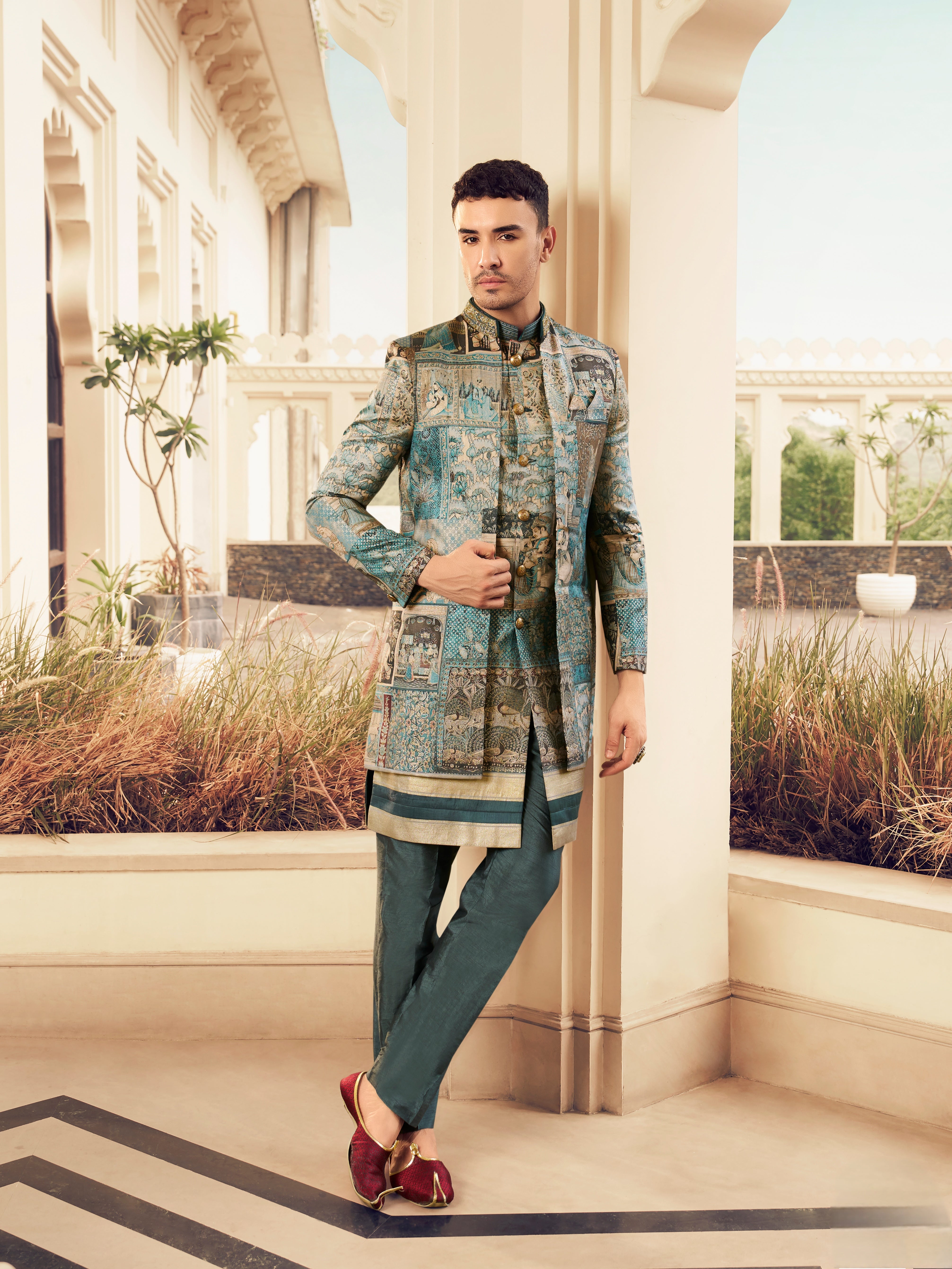 Aqua blue wedding kurta for men

