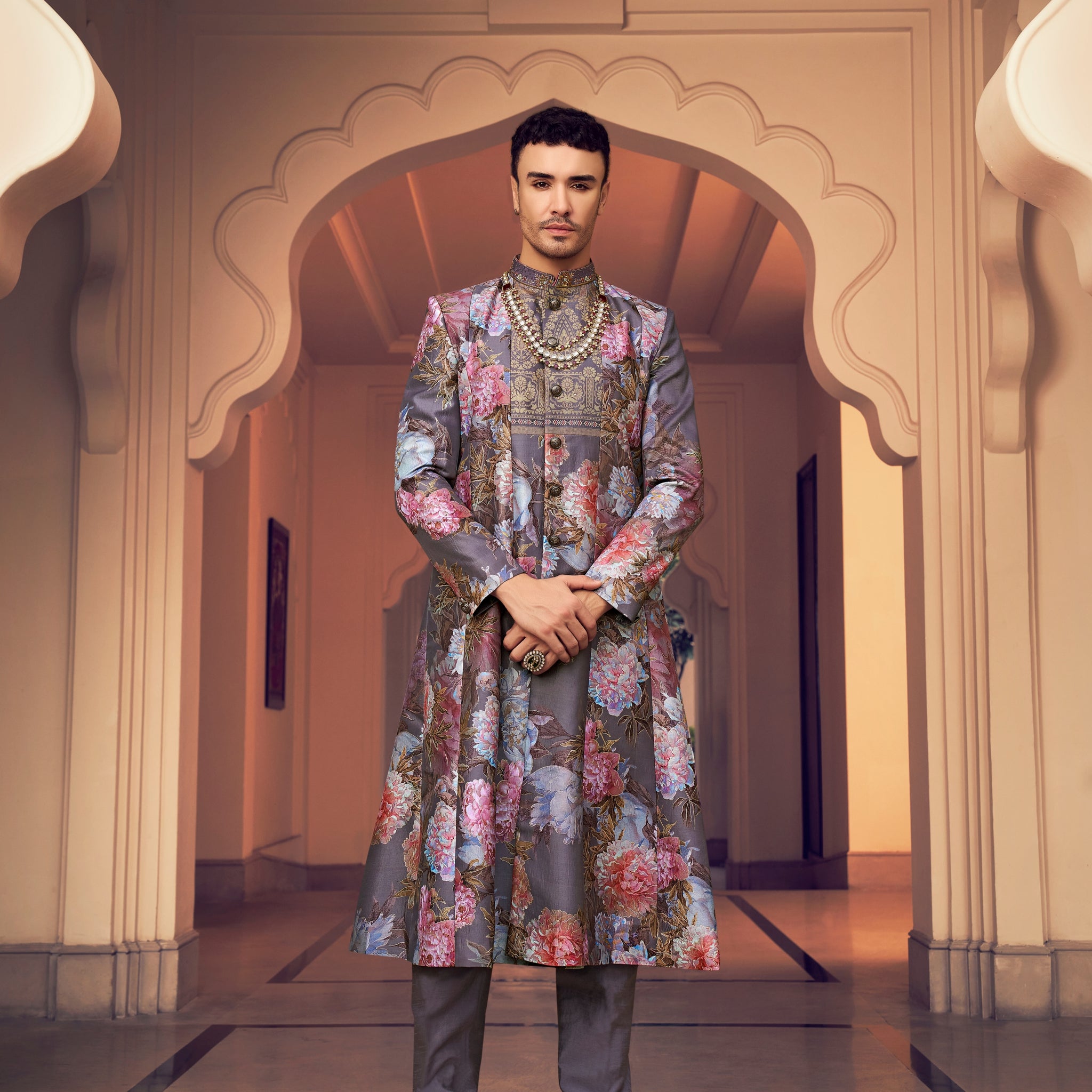 Lavender floral kurta set for men

