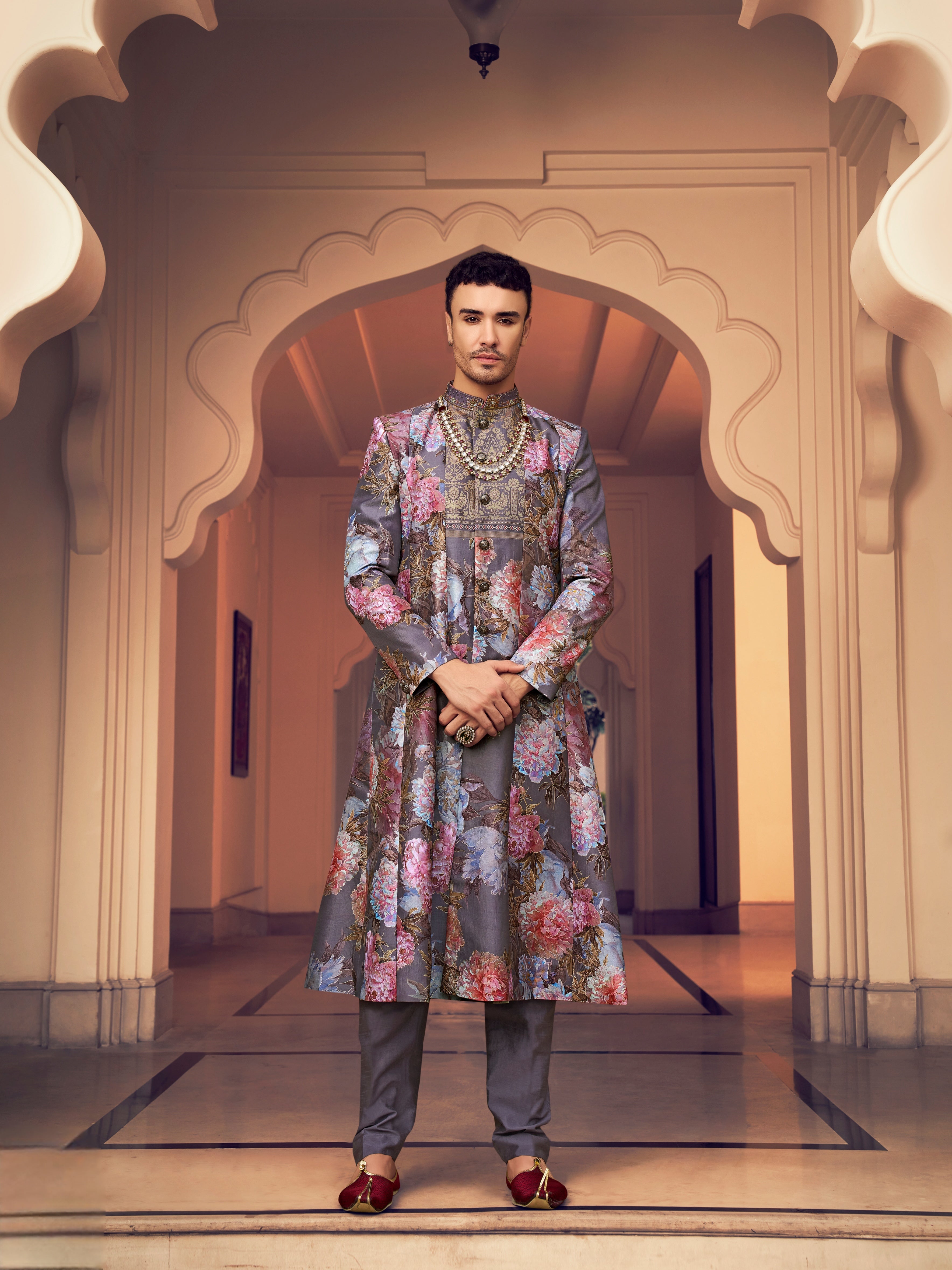 Lavender floral kurta set for men

