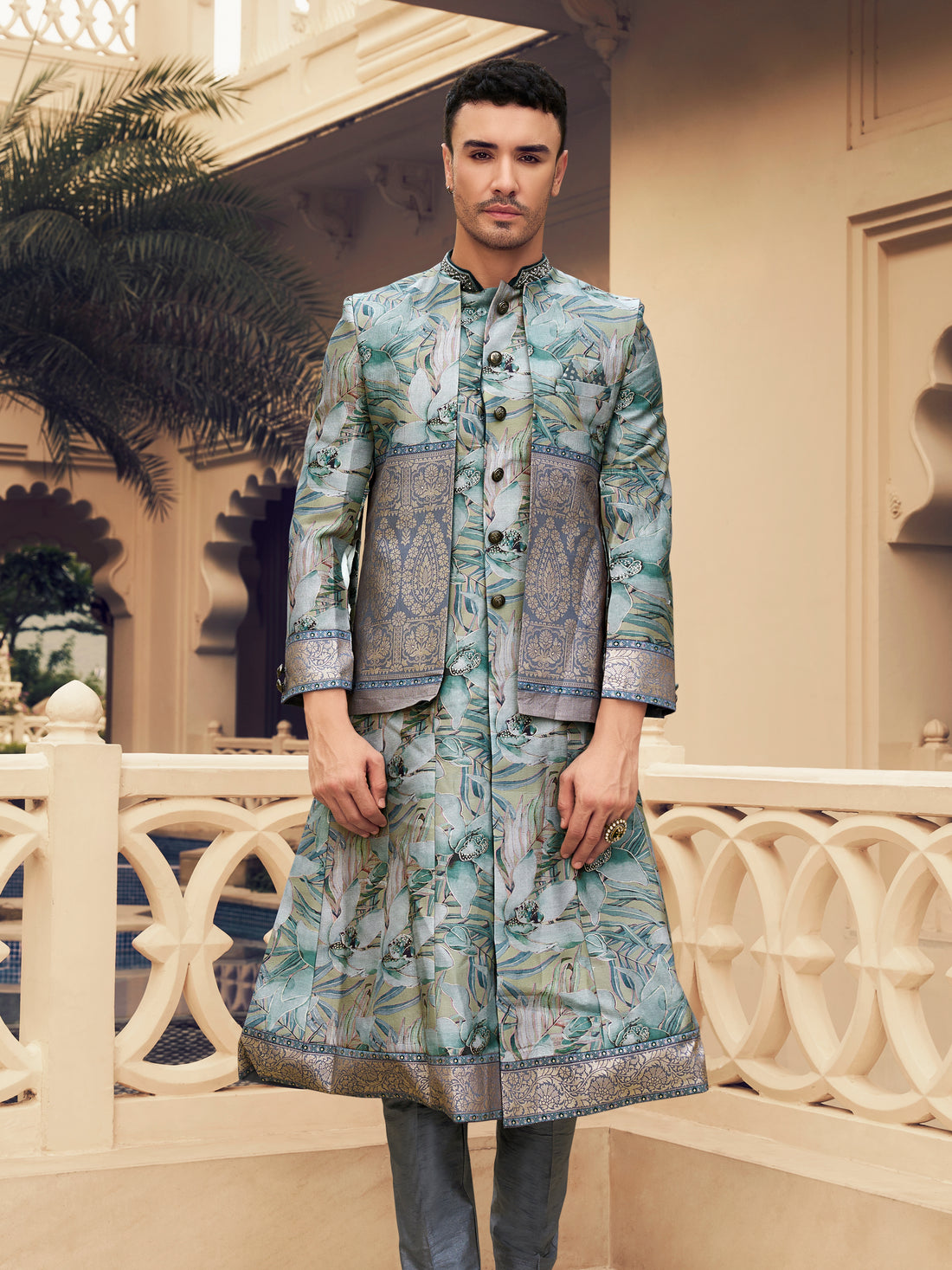 Sky blue ethnic kurta set with jacket

