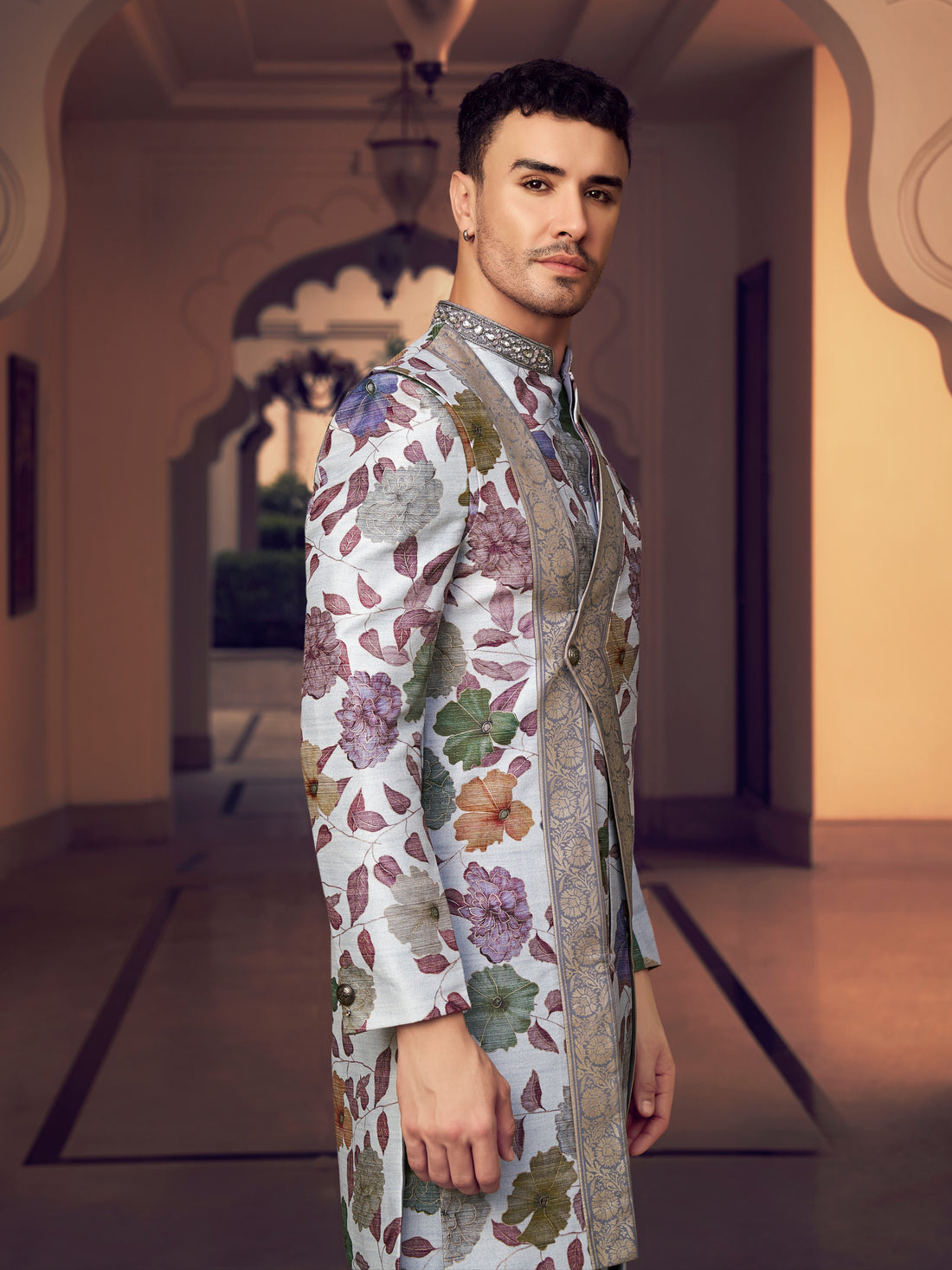 White grey foil print kurta for men

