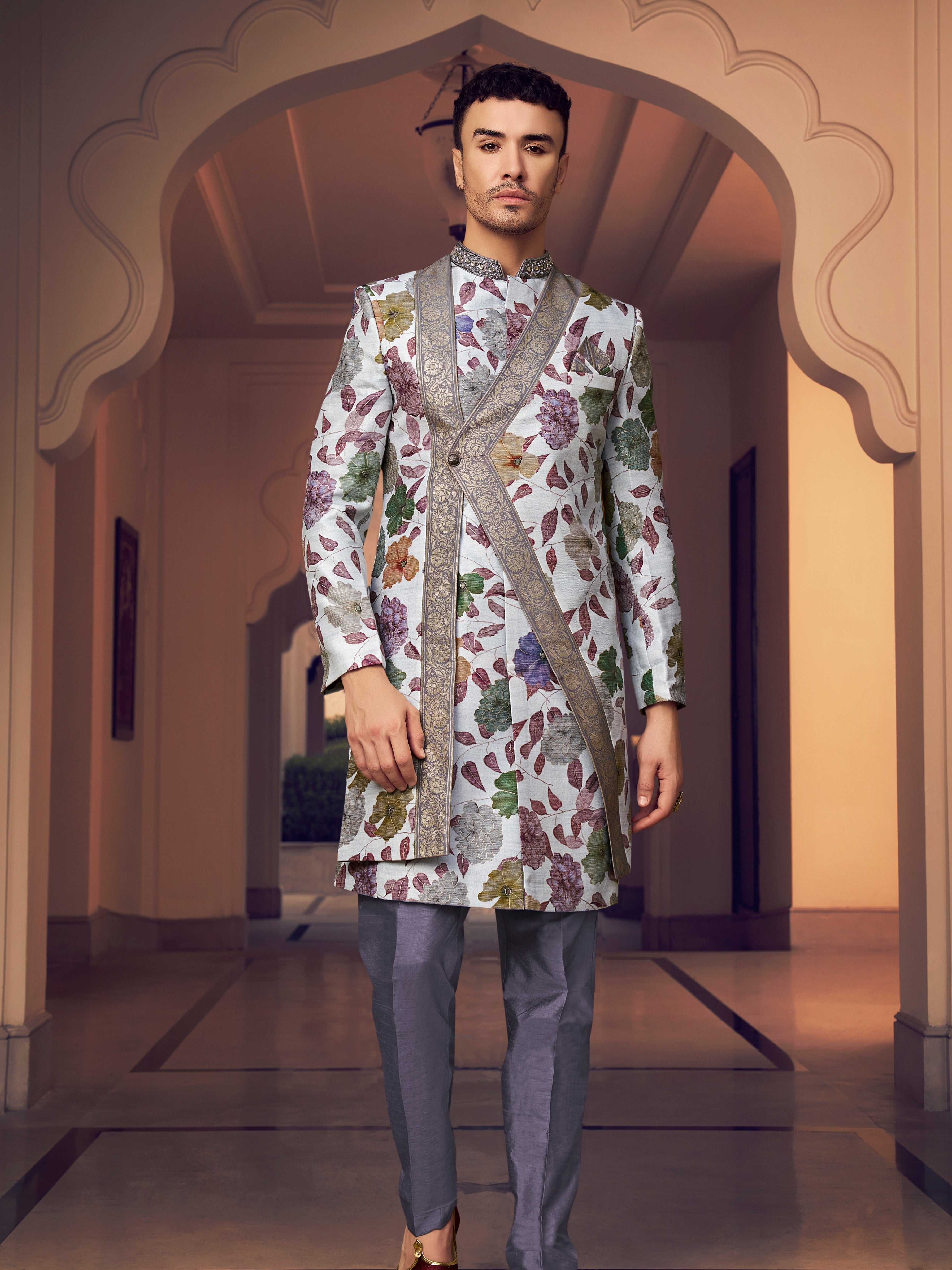 White grey foil print kurta for men

