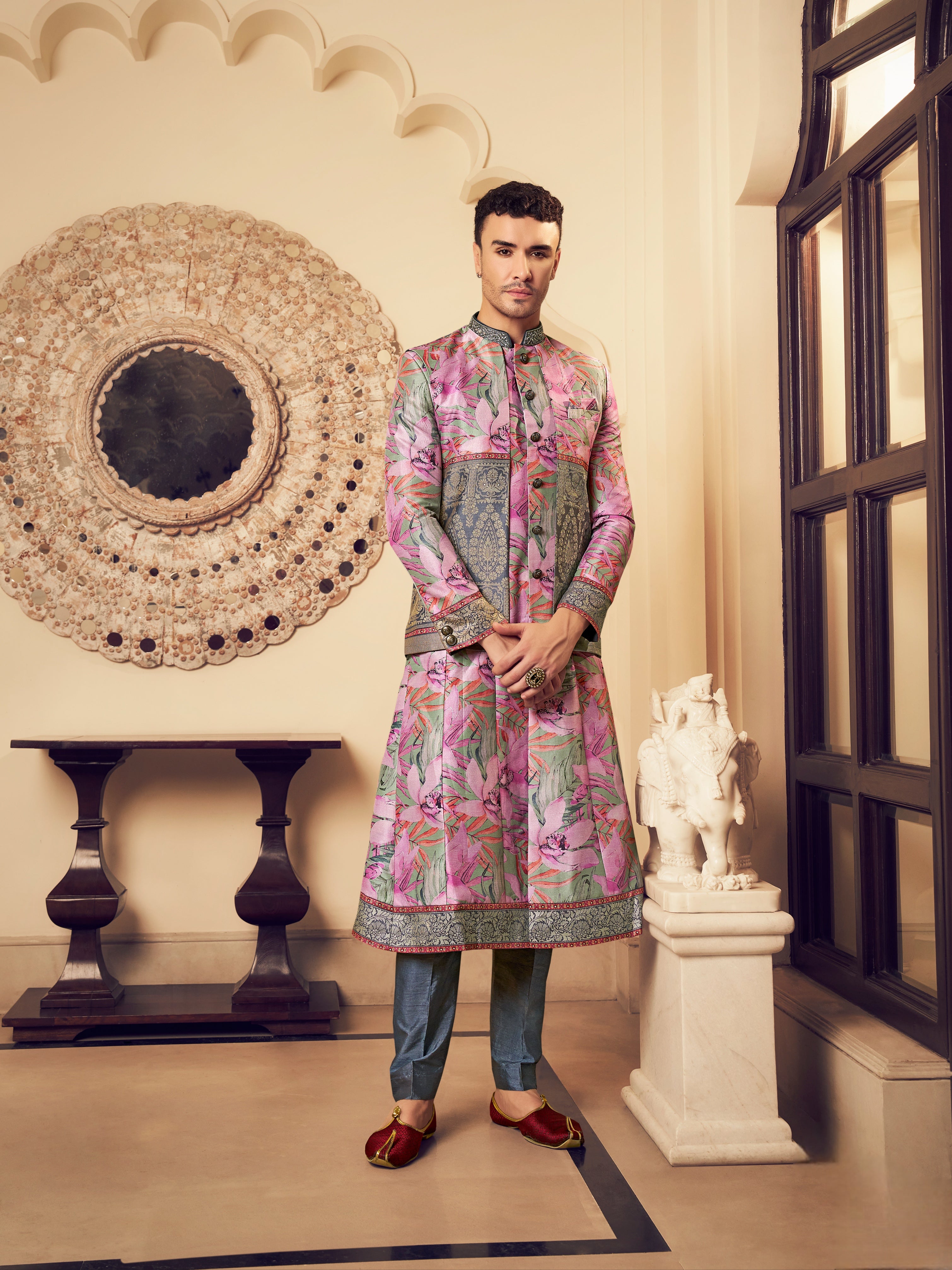 Pink lilac floral men’s kurta

