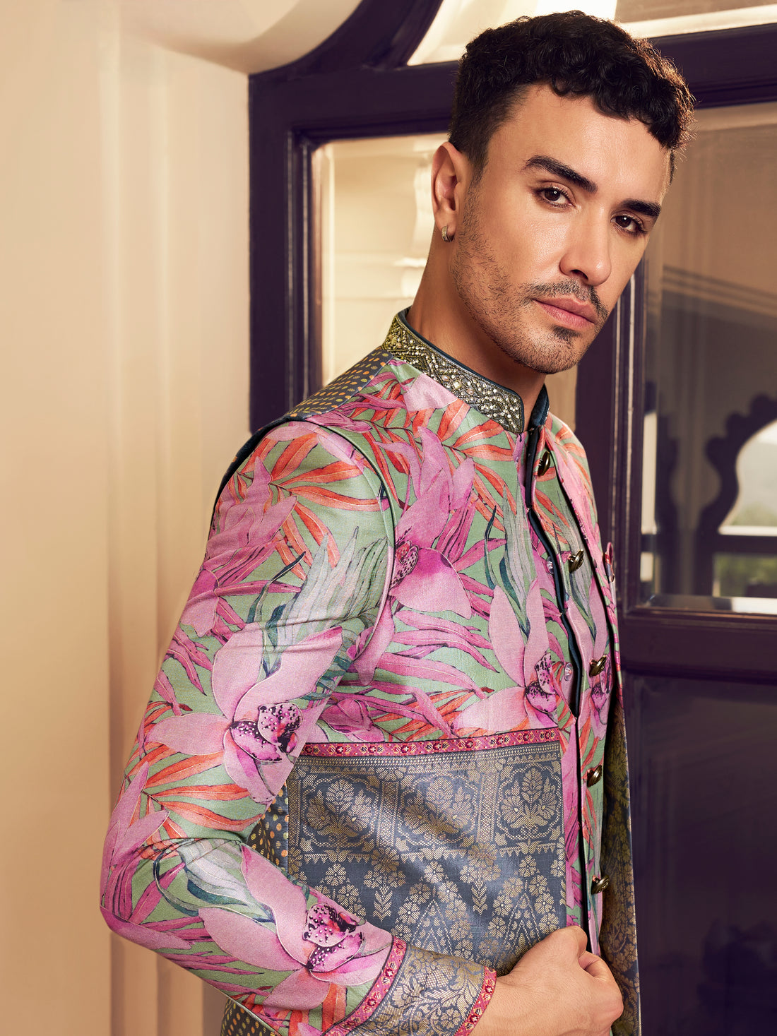 Pink lilac floral men’s kurta

