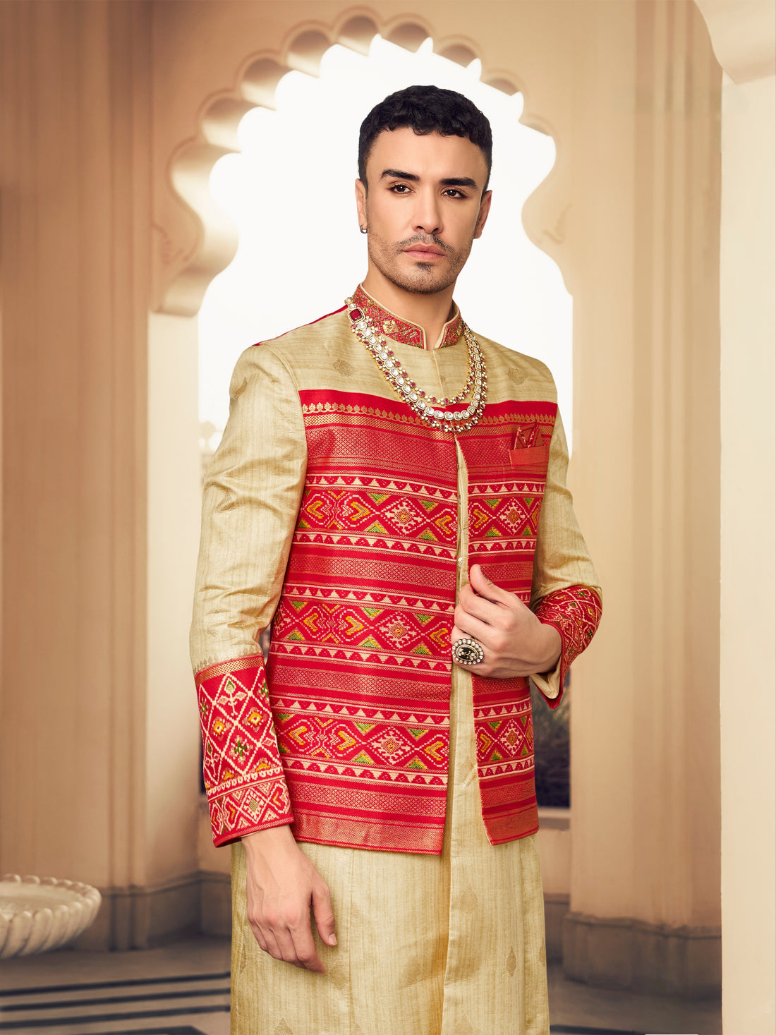 Red cream sherwani stye kurta set for groom

