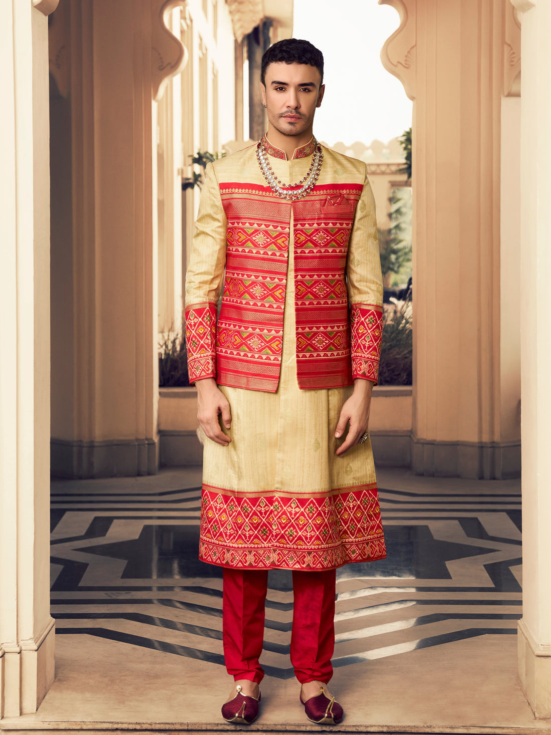 Red cream sherwani stye kurta set for groom

