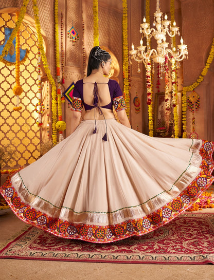 Latest beige chaniya choli outfit with mirror and thread work