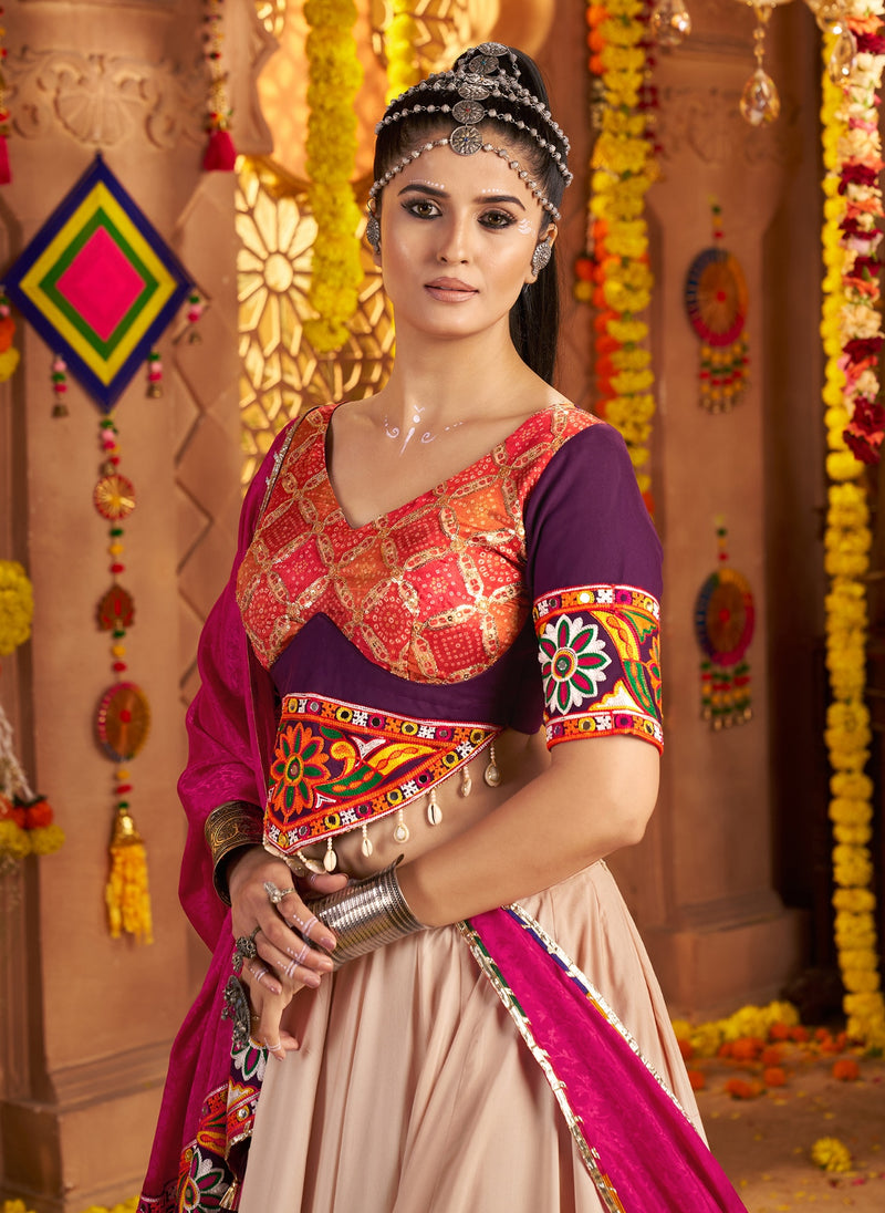 Traditional beige mirror work chaniya choli with dupatta