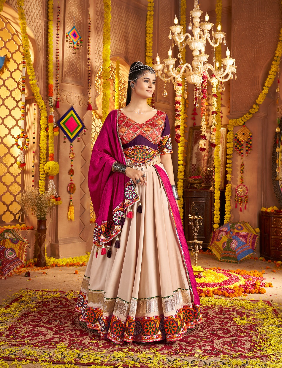 Beige chaniya choli for Navratri garba and dandiya night
