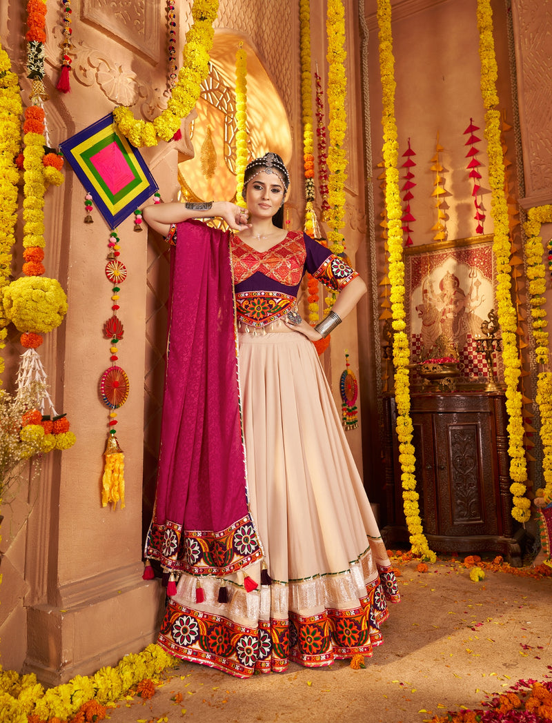 Embroidered beige chaniya choli for cultural celebrations