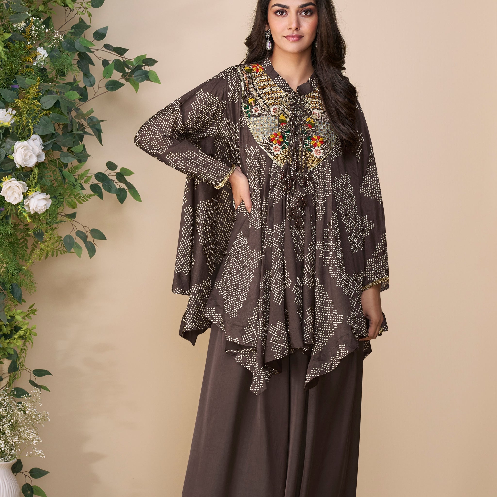 Brown embroidered chinon silk kurti with plazzo set

