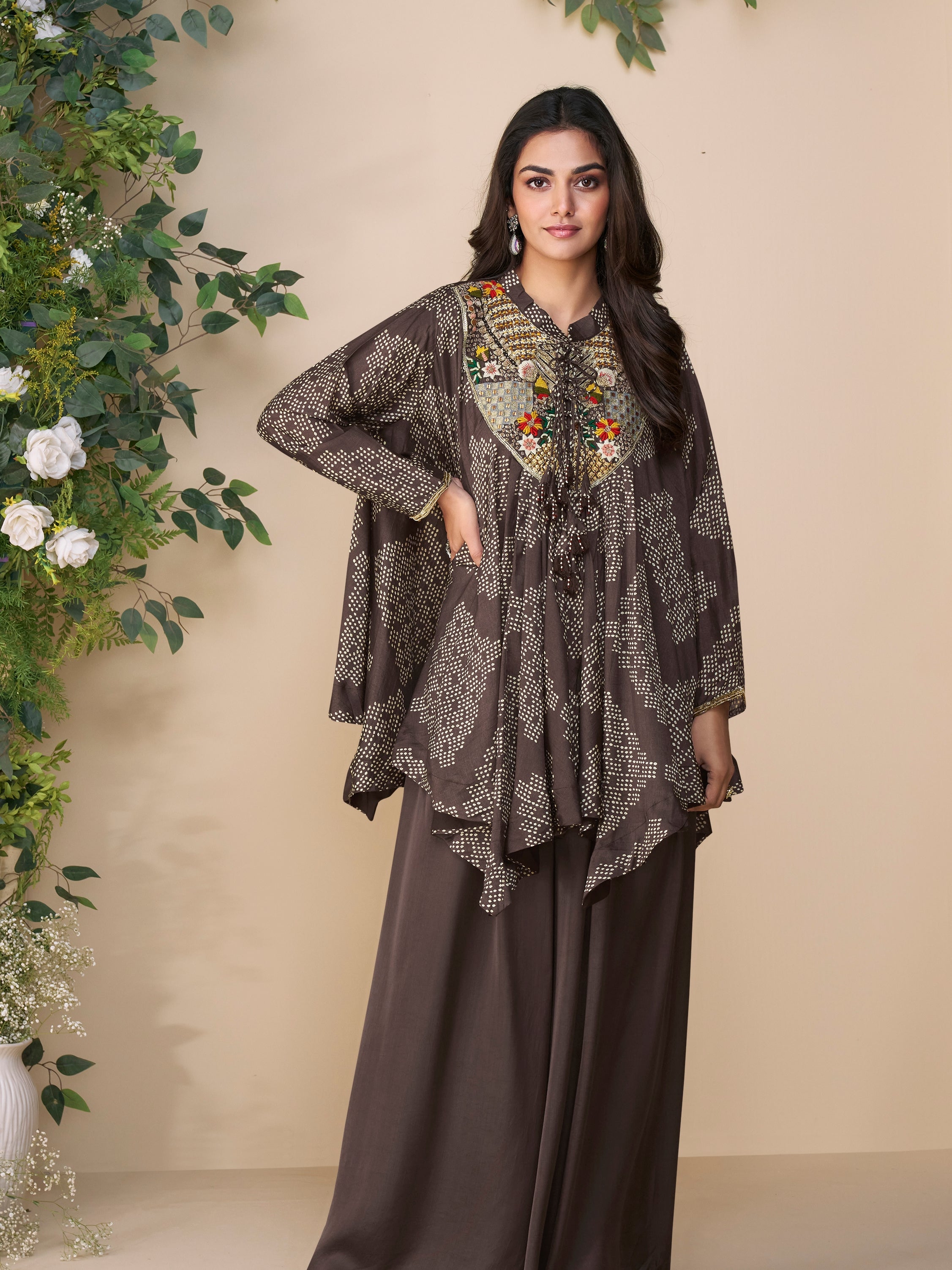 Brown embroidered chinon silk kurti with plazzo set

