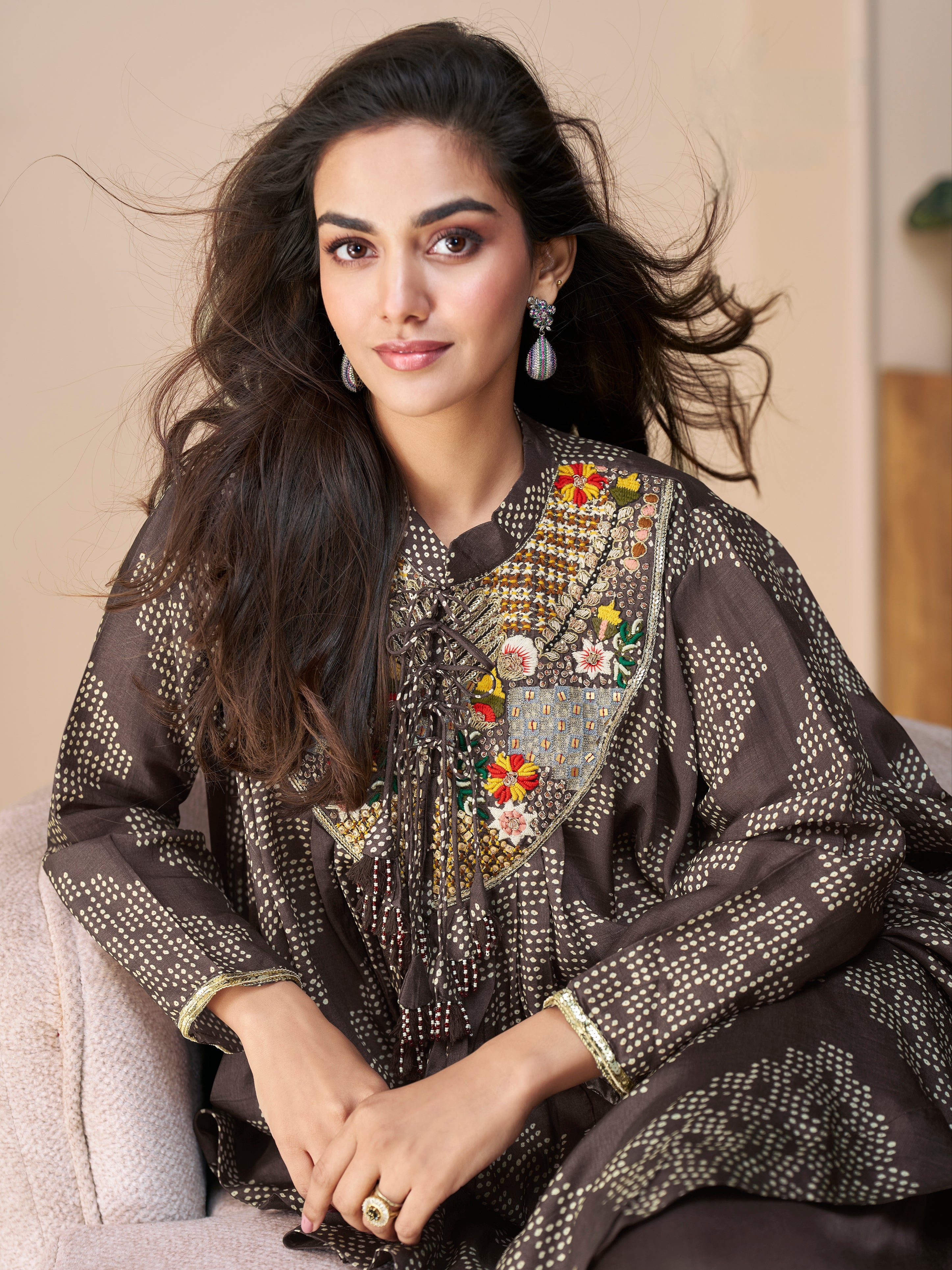 Party wear kurti set for women in brown