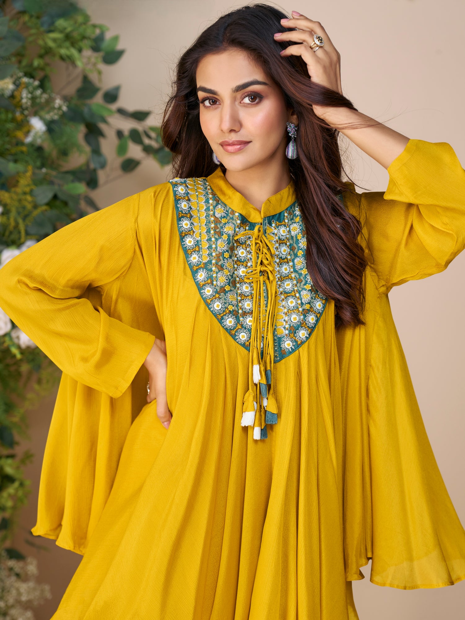Mustard Yellow Embroidered Poncho Kurti Set