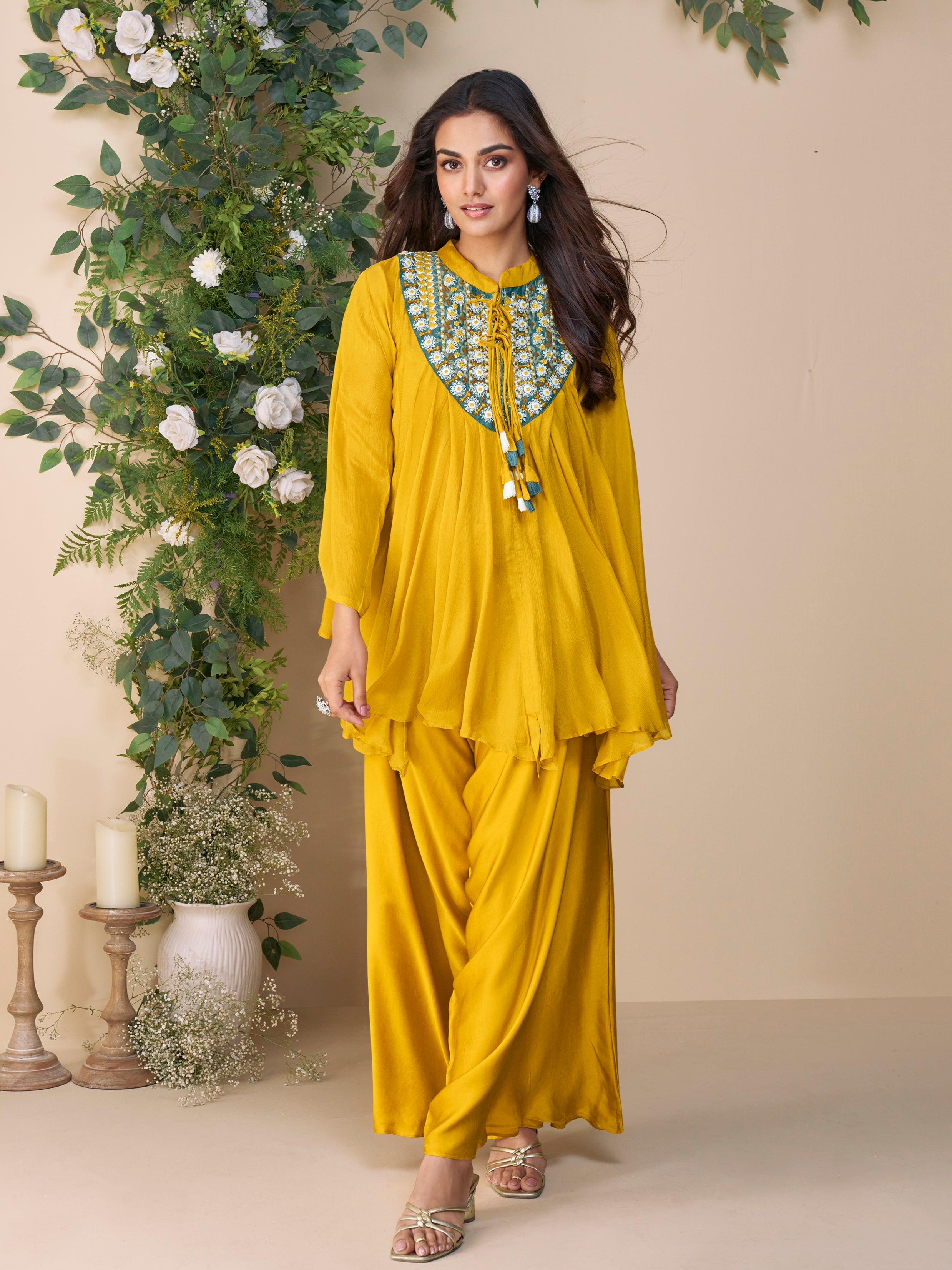 party wear kurta set for women in yellow
