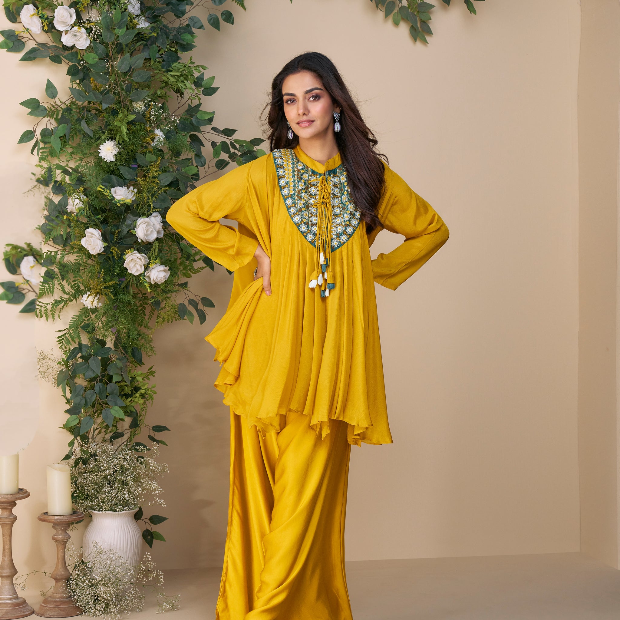 Women's Embroidered Yellow Kurti Set