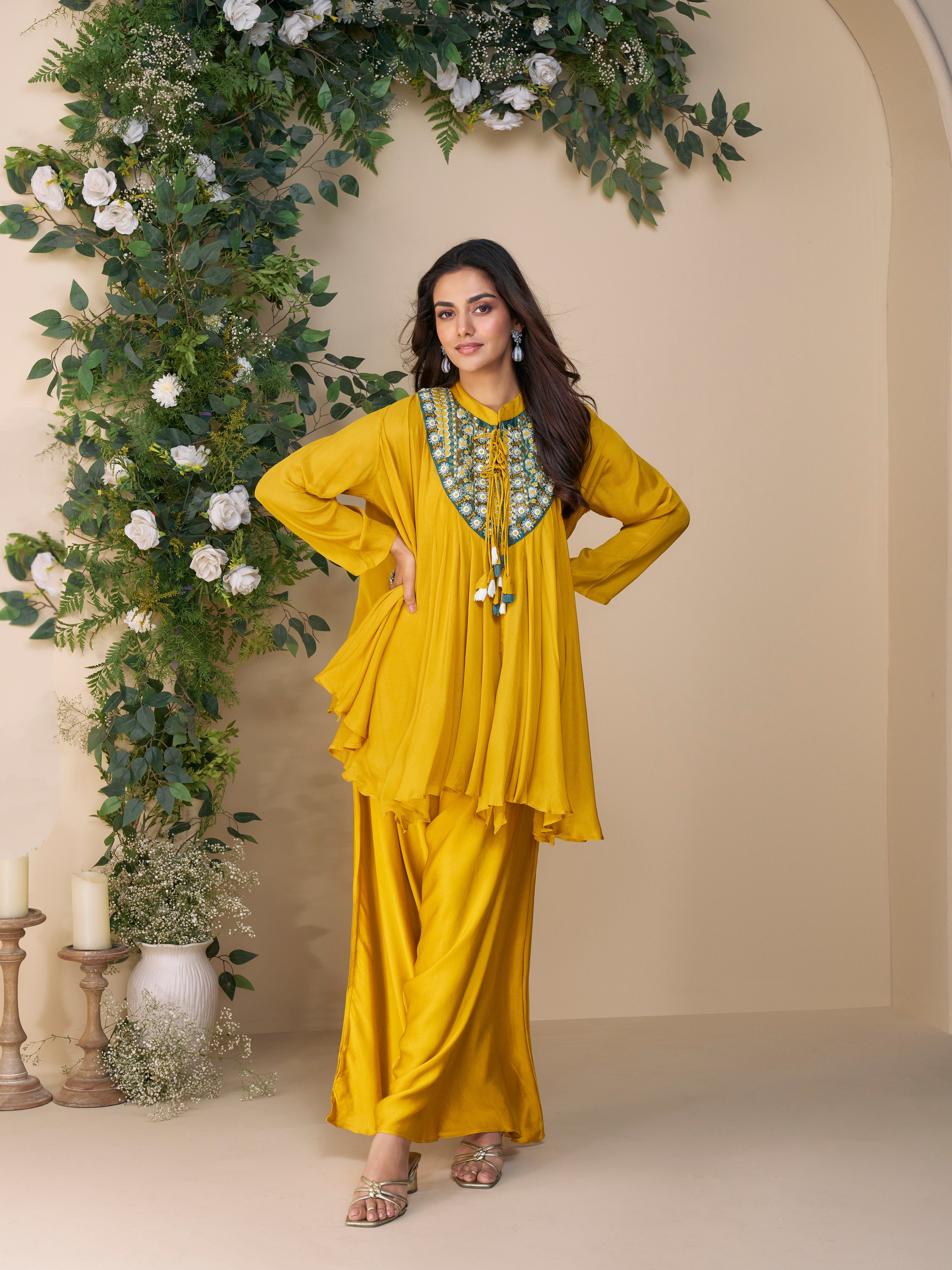 Women's Embroidered Yellow Kurti Set