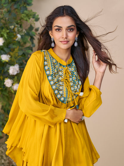Elegant yellow poncho style kurti in silk

