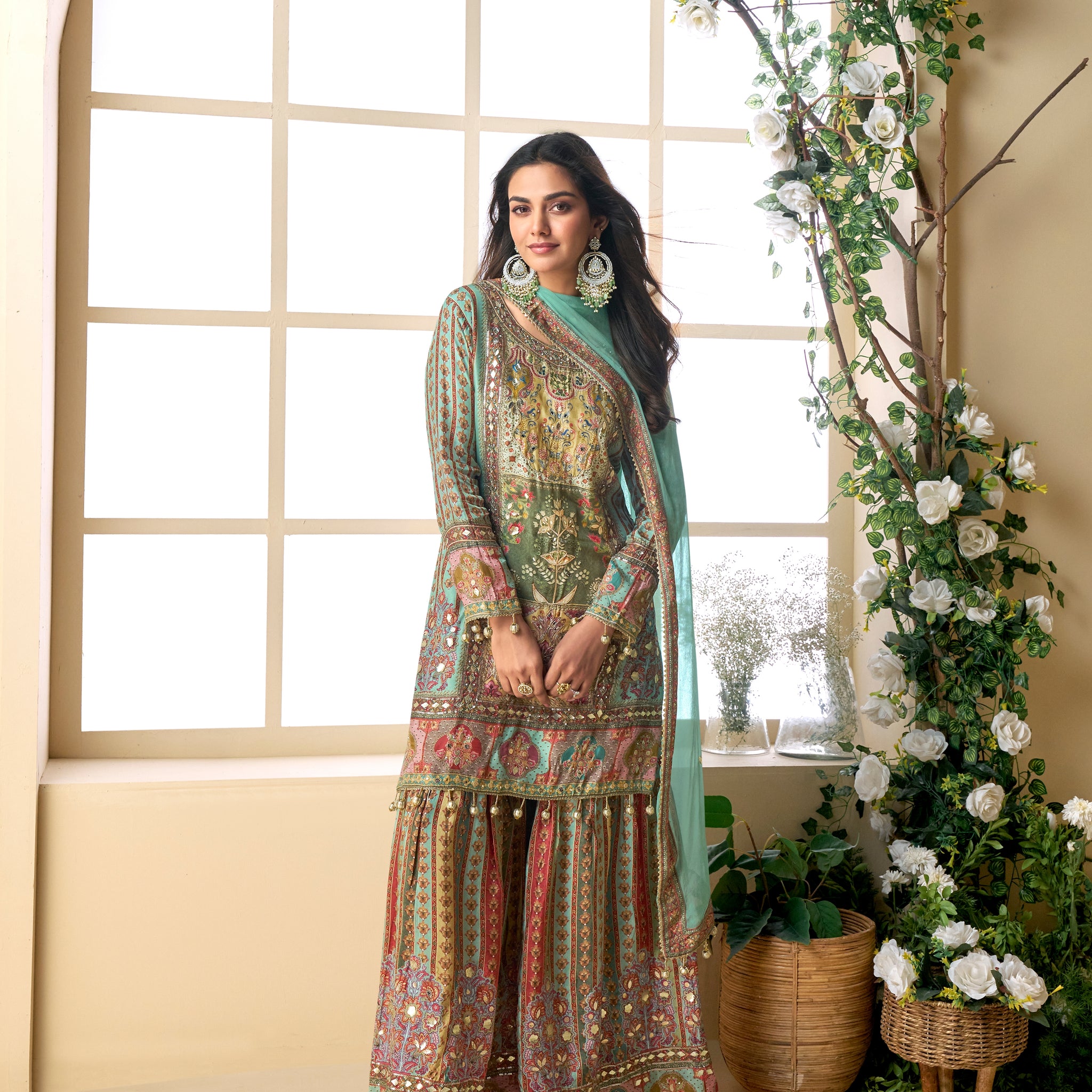 Mint green sharara suit with gota patti and aari embroidery


