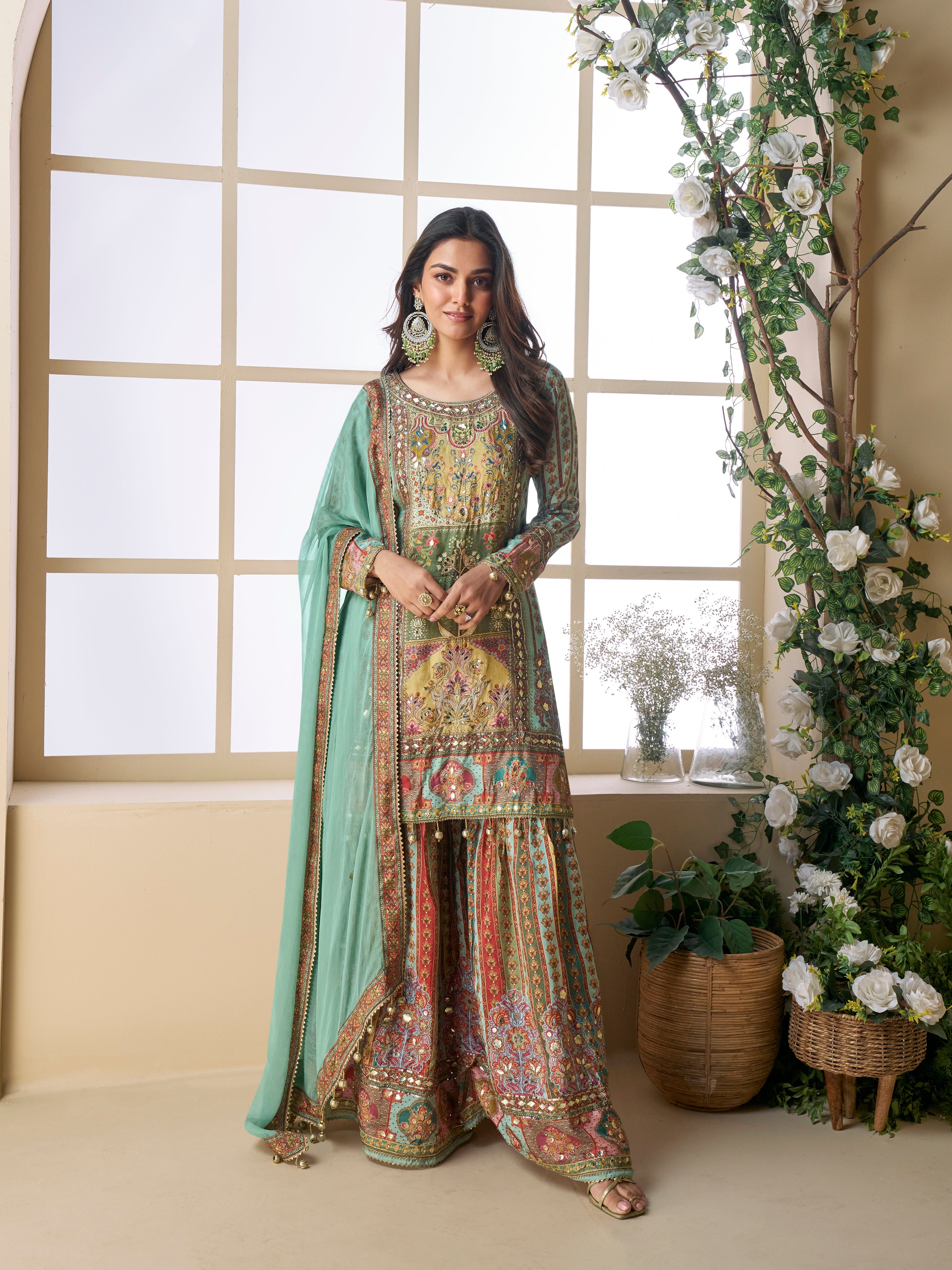 Designer ethnic wear with tassel dupatta and sharara bottom

