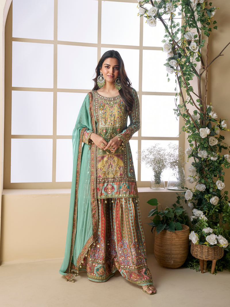 Designer ethnic wear with tassel dupatta and sharara bottom

